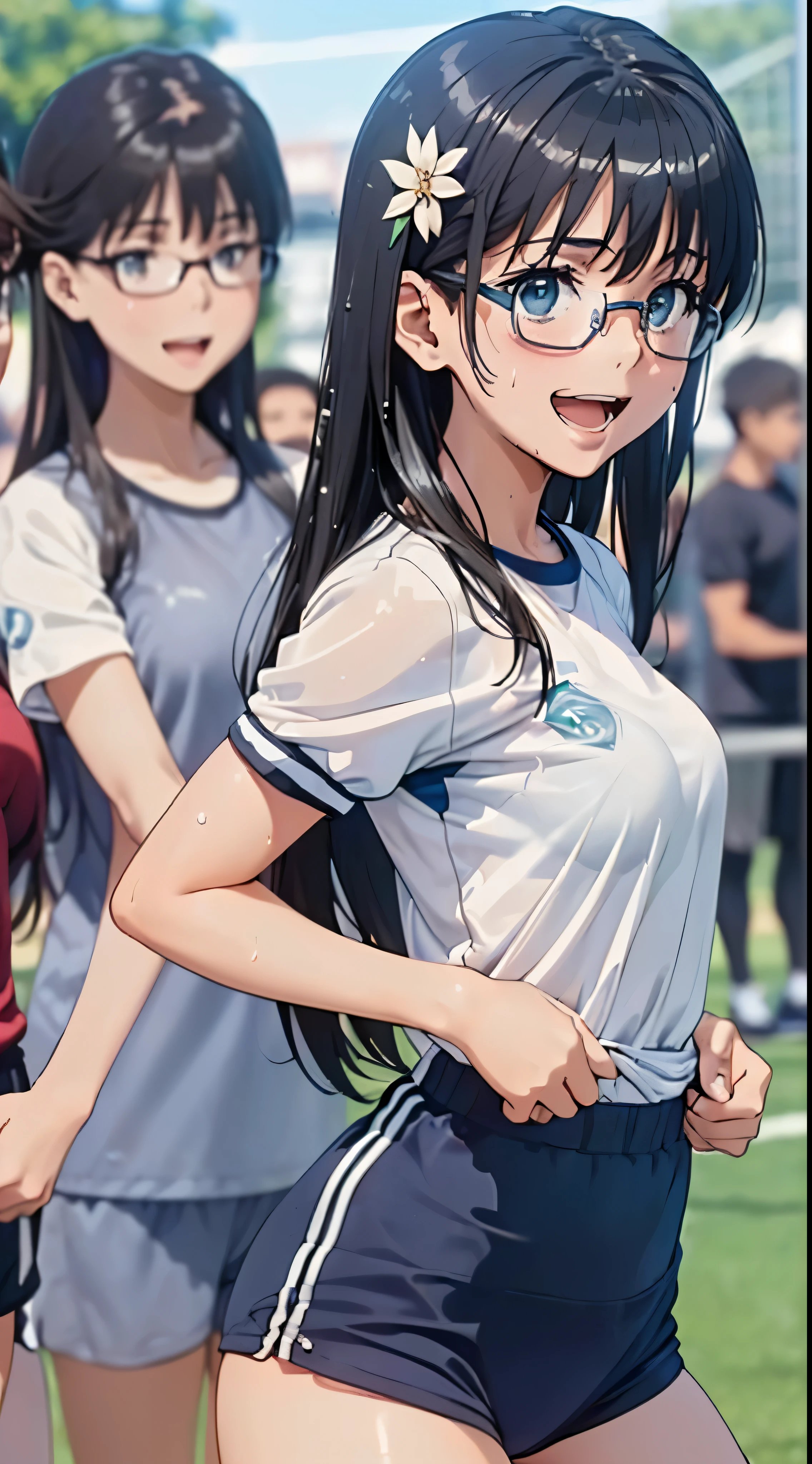 1womanl,Black hair, beautiful breasts,(((Sexy white and blue shiny short sleeve gym clothes and shorts、Smile with open mouth)),(((Satin Narico))),((( portlate))),Crowds,Shiny white short-sleeved gym uniform and blue pants,Wet with sweat,((athletic field)),((see -through)),outside of house,(((clothes shiny))),eye glasses
