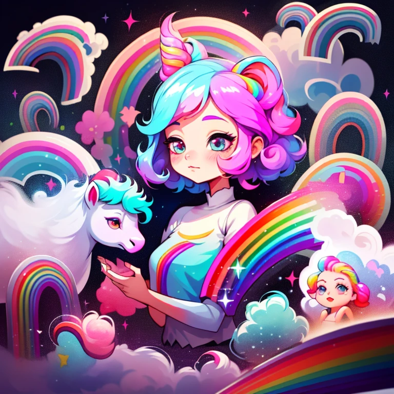 retrato, adesivo,1girl, fundo simples,  com cabelo longo, Beautiful unicorn girl, unicorn aesthetics, Beautiful girl, arte de fantasia muito bonita, Beautiful and elegant female unicorn, bela fantasia detalhada, Rainbow colored palate, rainbow color-theme