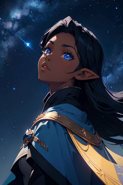 Dark Skin Woman, Elf Ears, Long black hair, Sapphire Blue eyes, Dressed in Blue Cloak, Looking Up to the Sky, blue Starry night Sky.