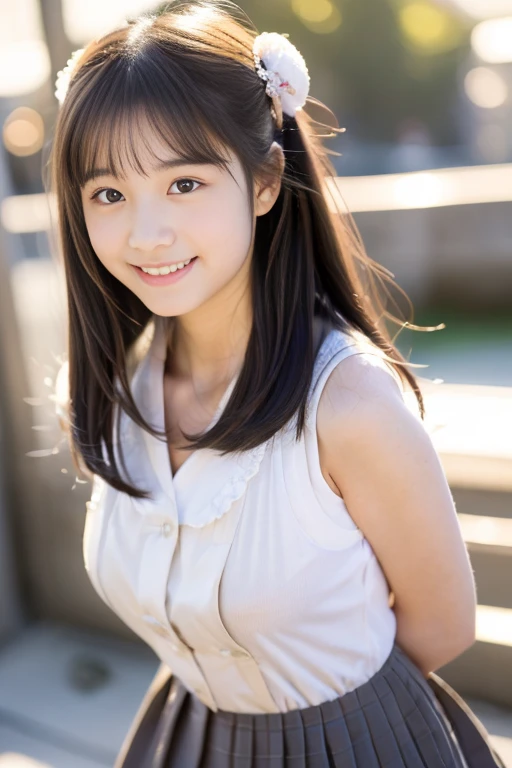 (((masterpiece))), (((Full body photo,Standing))),(One beautiful Japan girl, Innocence,kawaii) ,超A high resolution, Realistic, ultra-detailliert, 8K,top-quality, Extremely detailed, blurry backround,A slender,small tits,very beautiful japanese girl, Detailed face:1.3), (wears hair in two buns,A dark-haired :1.4), (a baby face,kawaii系,adorable 14 year old girl), (Perfect body:1.1), (Sleeveless white shirt,Light brown pleated mini skirt), A smile that makes you want to hug,Please show me your beautiful teeth,Super Detailed Face、Detailed lips、Detailed Big Eyes、small gravure idol,Transparent skin、Lori,Carrying a backpack,Dating at the museum,Looking up from the ground,sexy pose, Warm tones