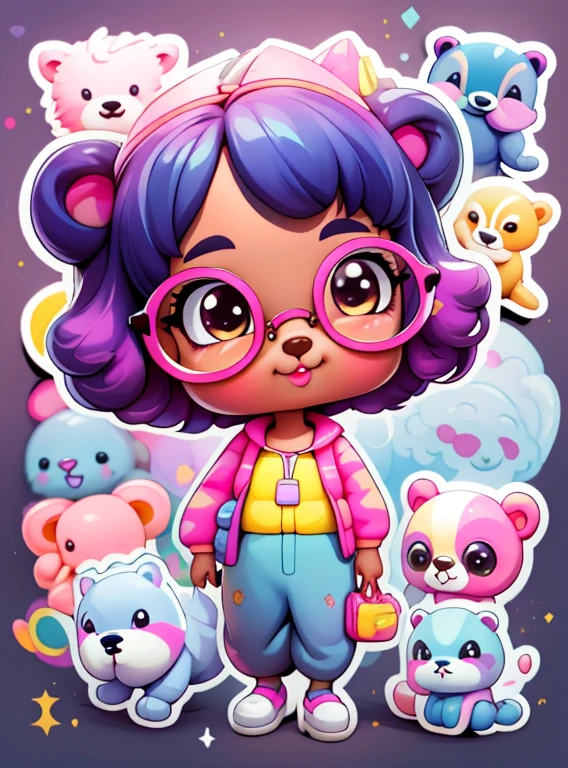 a cartoon girl with glasses, african american girl, african american elegant girl, purple backpack, long pants, bear shirt, super cute funky black girl, cute detailed digital art, portrait of a lisa frank, cute digital art, cartoon artstyle, cartoon art style, colorfull illustration, advanced digital chibi art, cartoon style illustration, adorable digital painting, cute art style, lisa frank style, cute cartoon character