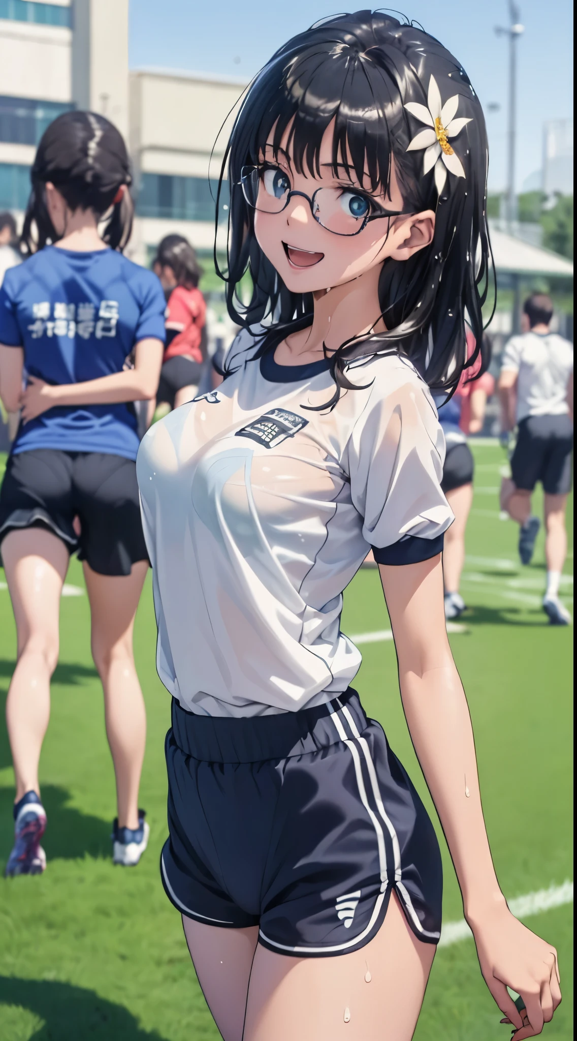 1womanl,Black hair, beautiful breasts,(((Sexy white and blue shiny short sleeve gym clothes and shorts、Smile with open mouth)),(((Satin Narico))),((( portlate))),Crowds,Shiny white short-sleeved gym uniform and blue shorts,Wet with sweat,((athletic field)),((see -through)),outside of house,(((clothes shiny))),eye glasses