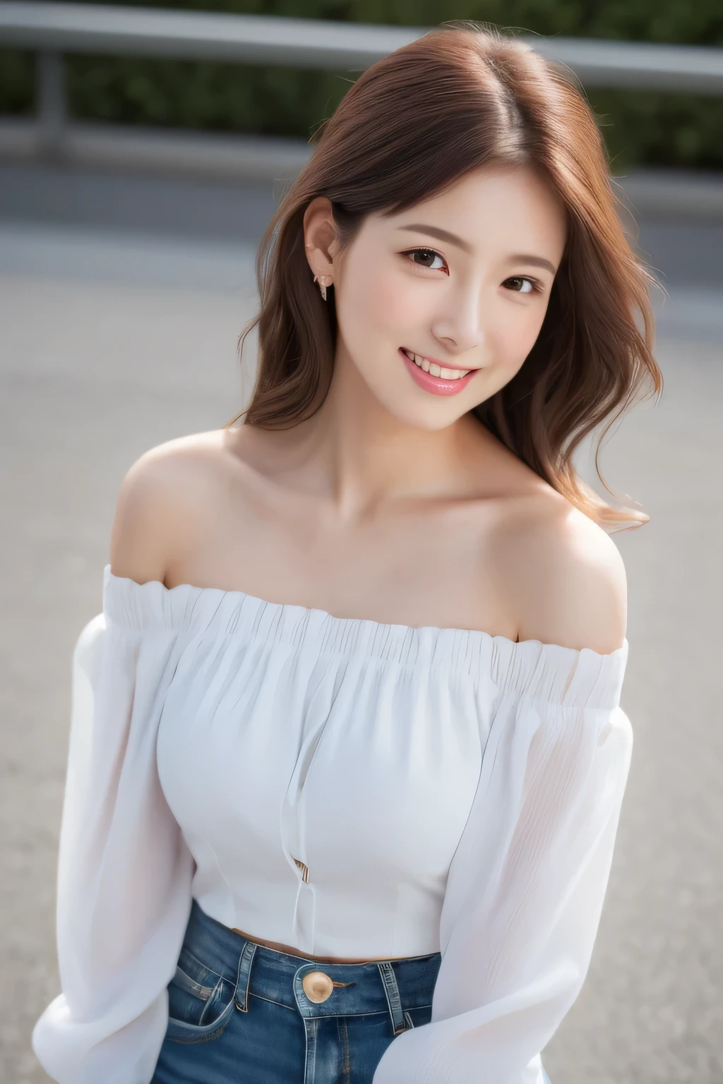 (masutepiece:1.3), High resolution, ultra-detailliert, the Extremely Detailed CG Unity 8K Wallpapers, Realistic, Photorealsitic, Raw photo, beautifull detailed face, pale skin, realistic glistening skin, Detailed Cloth Texture, detailed hair texture, Perfect Style, Beautiful face, 准确, Anatomically correct, Highly detailed face and skin texture, Natural Neck Length Break Detail Eyes, symmetrical eye, Brown eyes, Double eyelids, Thin eyebrows, (Sexy lips:1.3), (Happy smile:1.2), (blush:1.2) BREAK, ((a Innocent and cute girl:1.3)), ((Wearing an off-shoulder white blouse:1.4)), (Gold Buckle Belt), (Skinny Jeans:1.2), (Cross Strap High Heels:1.2), (Necklace, 手链), (Thin hoop earrings), (Pinky Ring), (Beautiful blue nails:1.2), Layered hairstyle, (Brown hair:1.2), (Wavy Hair:1.2), Medium Long Hair, (Large breasts, firm breasts, nice shaped breasts:1.5), ((upperbody shot:1.2)), (Focus on Face:1.2), (From above:1.2), (Stylish city outdoors),Japan Person Model、Young gravure idols、Young cute gravure idol、Realistic Young Gravure Idol、Realistic gravure idol、Young gravure idols、sophisticated gravure idol、Young skinny gravure idol、beautifull asian girl ever、Very long hair、Longhaire、Large cleavage