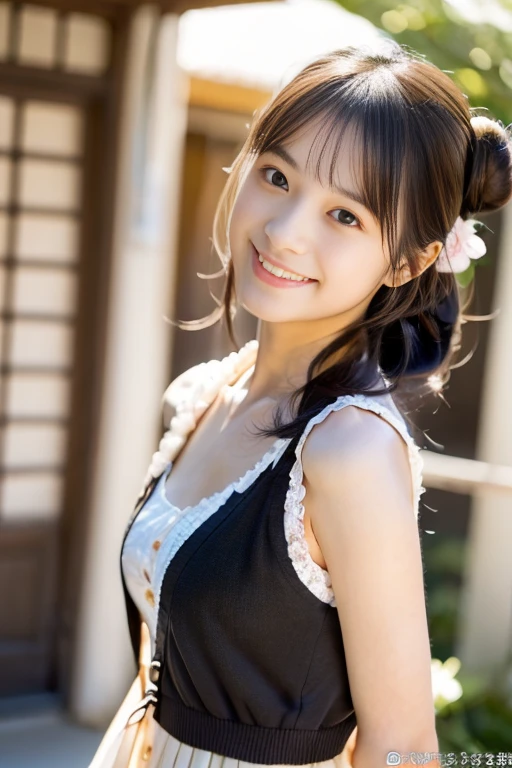 (((masterpiece))), (((Full body photo,Standing))),(One beautiful Japan girl, Innocence,kawaii) ,超A high resolution, Realistic, ultra-detailliert, 8K,top-quality, Extremely detailed, blurry backround,A slender,small tits,very beautiful japanese girl, Detailed face:1.3), (wears hair in two buns,A dark-haired :1.4), (a ,kawaii系,adorable 14 year oPerfect body:1.1), (thin cardigan,Sleeveless white shirt,Light brown pleated mini skirt), A smile that makes you want to hug,Please show me your beautiful teeth,Super Detailed Face、Detailed lips、Detailed Big Eyes、small gravure idol,Transparent skin、Lori,Carrying a backpack,Dating at the museum,Looking up from the ground,sexy pose, Warm tones