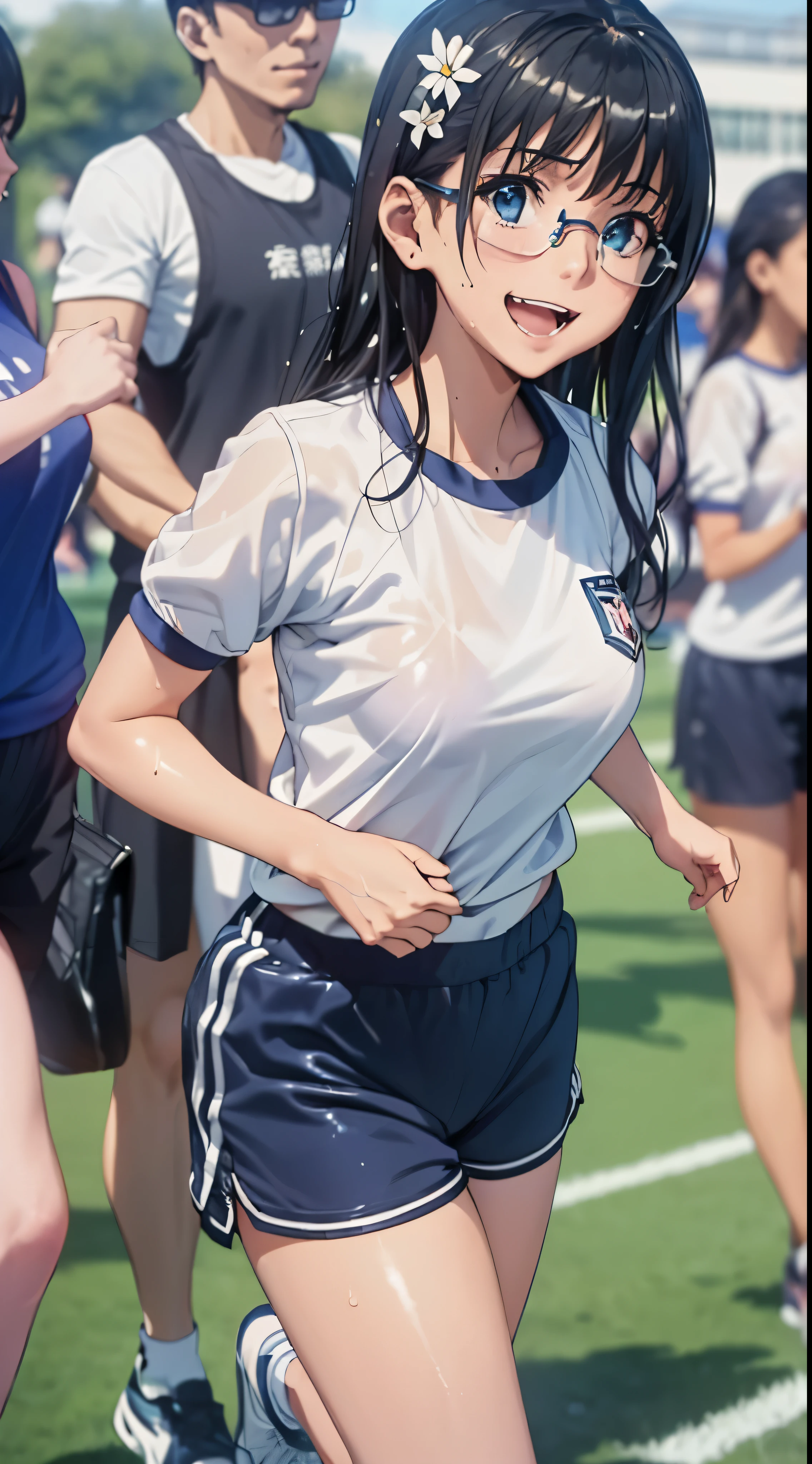 1womanl,Black hair, beautiful breasts,(((Sexy white and blue shiny short sleeve gym clothes and shorts、Smile with open mouth)),(((Satin Narico))),((( portlate))),Crowds,Shiny white short-sleeved gym uniform and blue pants,Wet with sweat,((athletic field)),((see -through)),outside of house,(((clothes shiny))),eye glasses