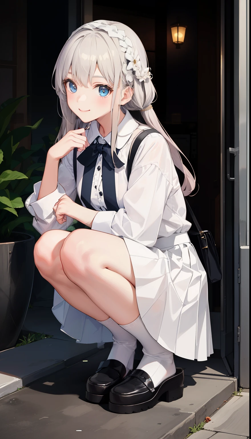 1girl in、A smile、A delightful! The shirt、pleatedskirt、White skirt、(small tits)Squatting panchira、