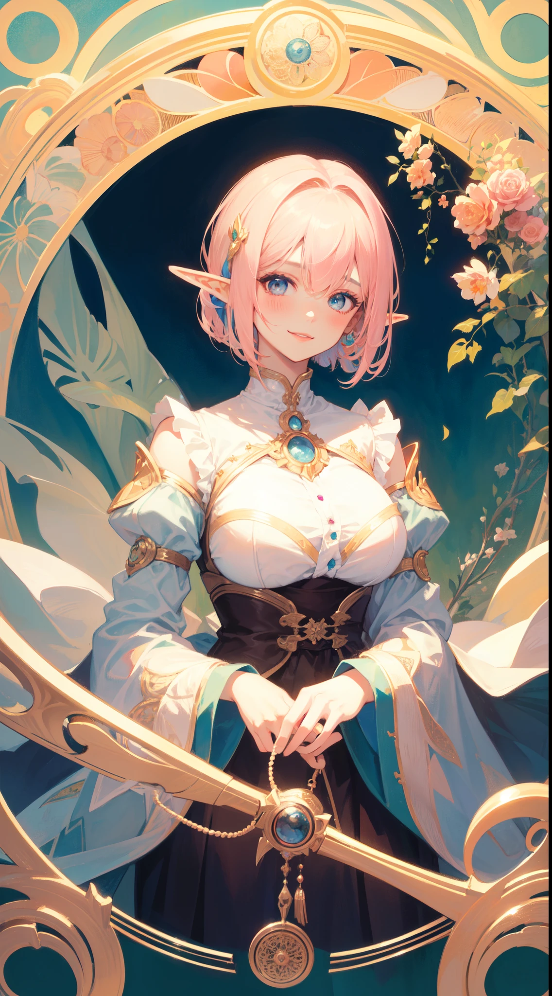 tarot card layout，Best quality, Masterpiece, (Realistic:0.6), Realistic lighting,Flower frame， Decorative panels， abstract artistic， Alphonse Mucha, （Art Nouveau， A high resolution： 1.4）， A detailed， Complicated details， 4K，Wheel of Fortune，golden colored，Solid, BREAK,  highly detailed of (elf), (1girl), solo, big breast, perfect face, details eye, Bob cut hair, Blunt bangs, (hair between eye), blonde pink hair, blue eyes, in the style art by Artgerm, by Kawacy, by Yoshitaka Amano, BREAK,  eyelashes, makeup, eyeshadow, pink eyeshadow, light pink lips, smile, blush