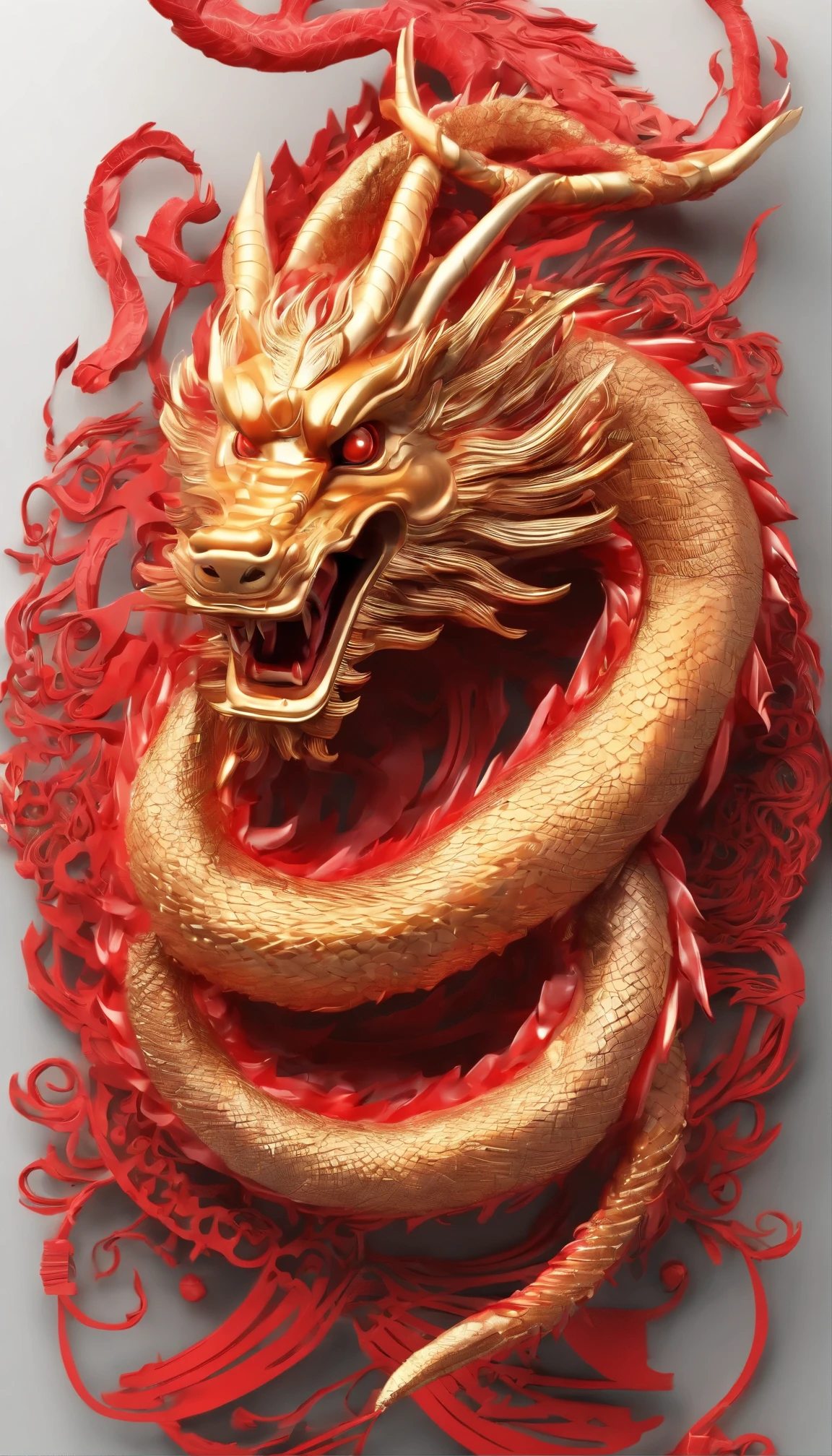 Coiled Chinese dragon on red lines background, ultimate background
