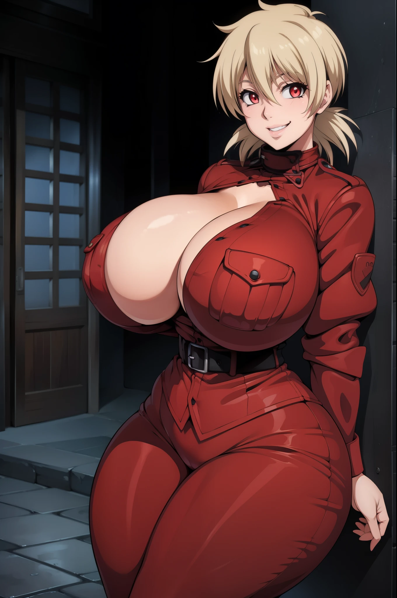 High resolution, Hellsing Ultimate art style, Seras Victoria, 1girl, ((bimbo))), short blond hair, red eyes, puffy lips, thick lips, wide hips, thick thighs, enormous round fake breast, huge ass, happy smile face, tight police uniform, breasts squeezed together, night time,