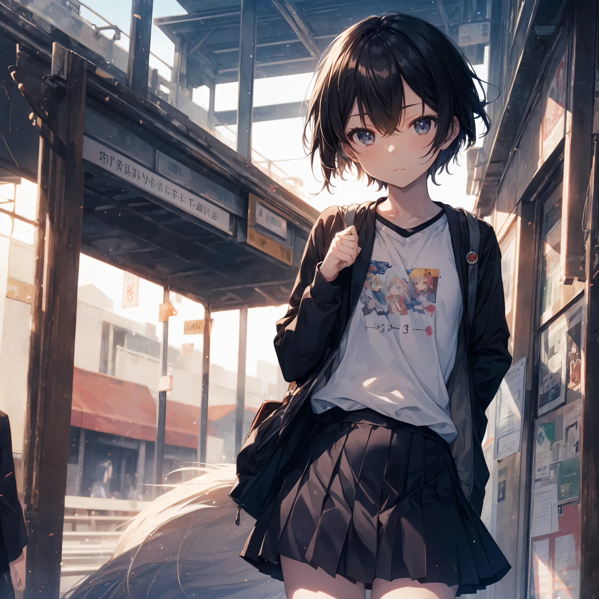 Super high quality by the art god, Ultra-detailed, High resolution, Shinkai Makoto style, anime moe art style, best anime 8K konachan wallpaper, Pixiv Contest Winner, Perfect Anatomy, BREAK,(Please draw a sleepy girl going to school alone.. ),BREAK, a hyperrealistic schoolgirl, (Solo,Lori,child,13years:1.3),Full limbs, complete fingers,a junior high school student, Androgynous attraction, (extra very short hair), hair messy, flat and soft chest, Small butt, groin, Small eyes,Beautiful detailed black eyes, Well-proportioned iris and pupils, disgusted eye, High resolution detailed hair, School uniform, Skirt, On the way to school. BREAK,Ultra-detailed細なスキン, Best lighting by famous artists, 8K, Illustration,