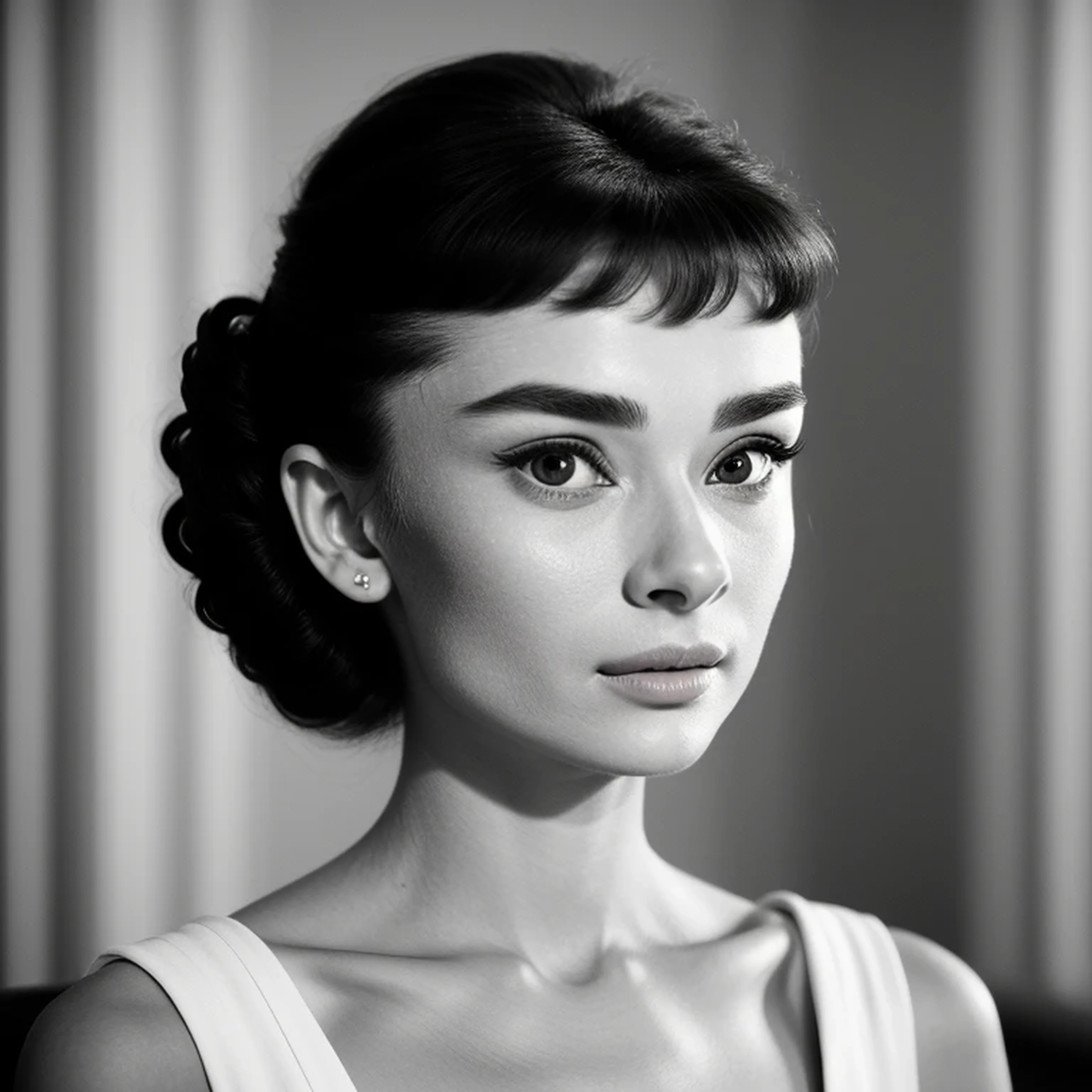 ((black and white filter)), AudreyHepburn, focus on eyes, close up on face, short black hair styled cascading curls bun, portrait photo of a beautiful young actress: (AudreyHepburn is in the black and white Roman Holiday movie film), hotel room, Award - winning photograph, Masterpiece, 8k, ultra high res, hyper detailed, perfect flawless face, rule of thirds, Realistic Perfect eyes and pupils, Perfect full lips, upturned nose, highly detailed shining hair, ((detailed facial featureinely detailed skin), tanned skin, skin pores, skin blemishes, realistic skin texture, intricate details, photorealism, hyperrealism, ultra realistic, lifelike textures, neutral colors, cinematic lighting, dramatic lighting, backlight on hair, sharp focus, wide angle, film grain, dslr, raw photo,