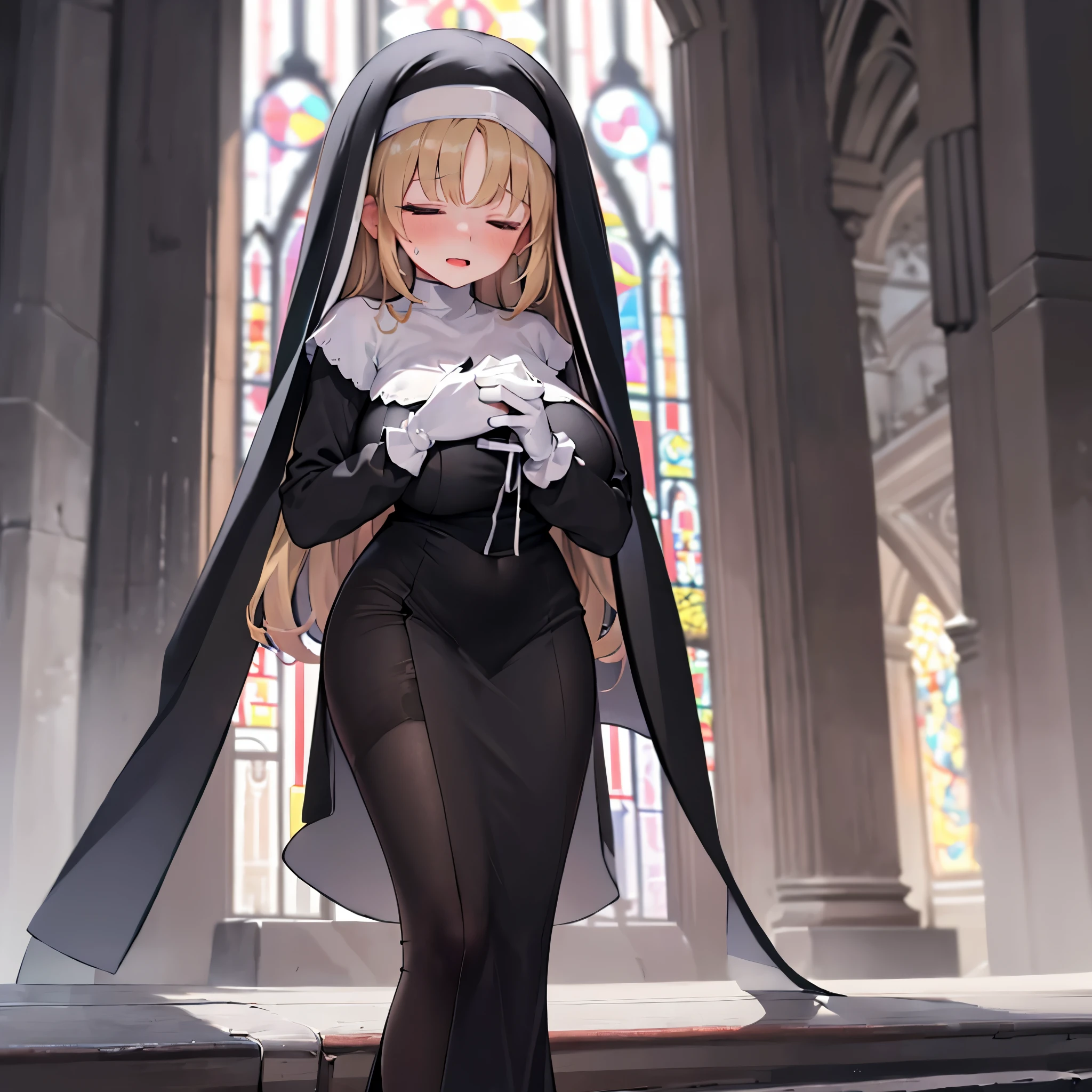 (solo 1 praying nun:1.2) standing in church, praying with holding hands together over chest, very thin, (black sheer dress:1.4), (huge breasts:1.2), (black sheer long skirt:1.3), inconceivably thin waist, closing eyes, nose blush, open mouth, (heavy breathing:1.2), stained glass, full body, 8k