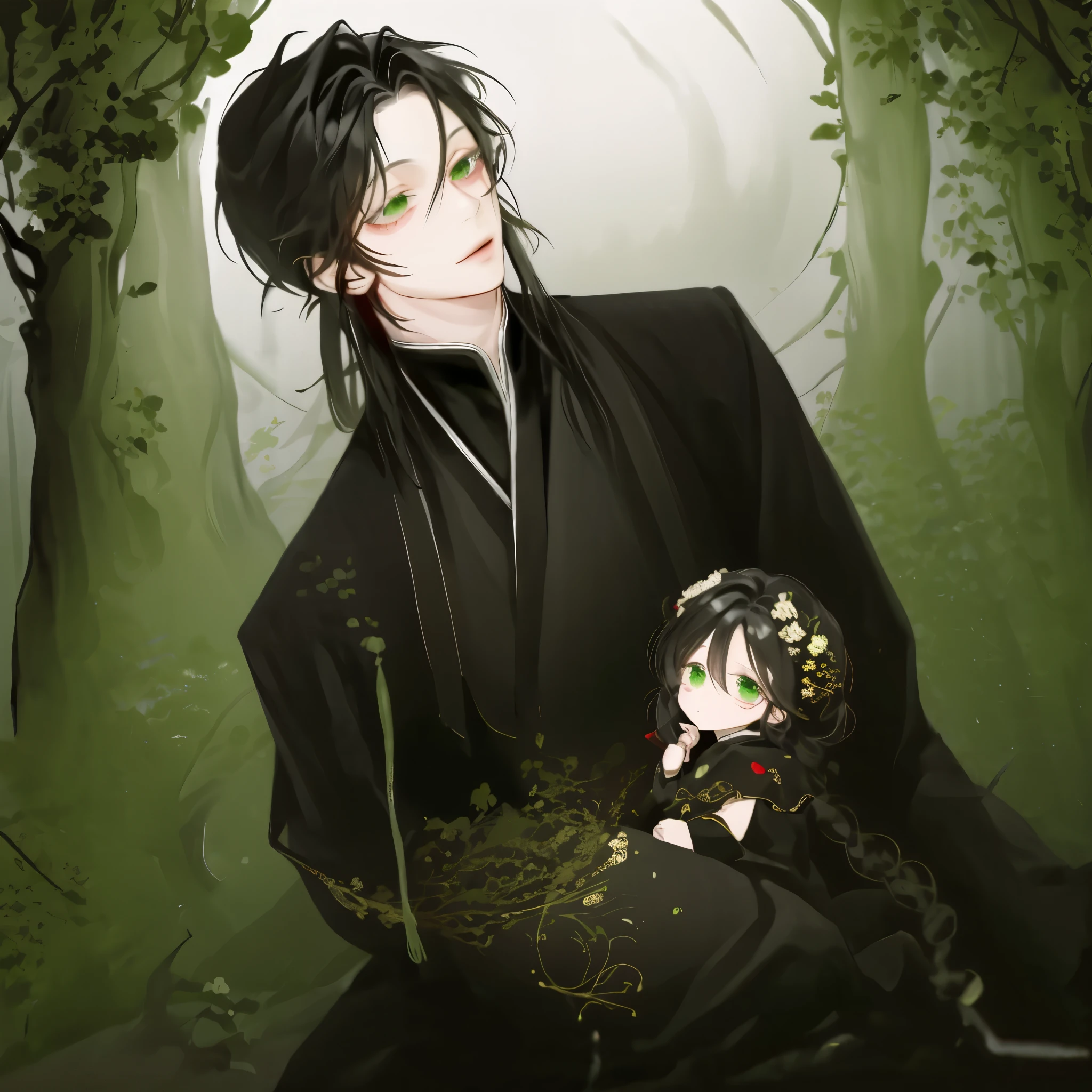 (mejor calidad, high resolusion, ultra detallado), one children, un adolescente, black hair and toxic green eyes, muy hermoso, dressed in a traditional costume from some oriental country, surrounded by strange insects, of all sizes, y que lucen aterradores. Seems comfortable with insects, but the atmosphere is terrifying, so he is holding what appears to be a red and black centipede.