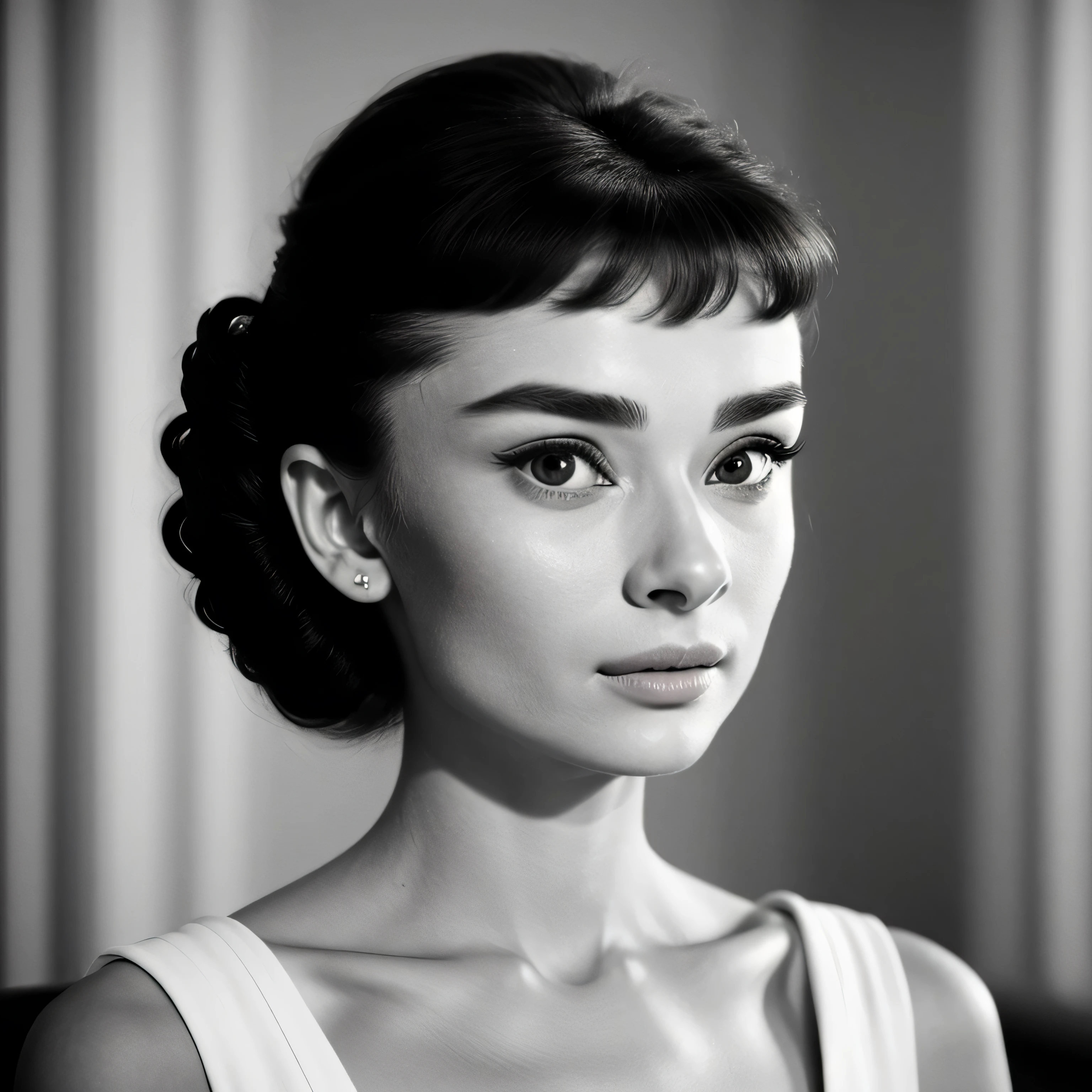 ((black and white filter)), AudreyHepburn, focus on eyes, close up on face, short black hair styled cascading curls bun, portrait photo of a beautiful young actress: (AudreyHepburn is in the black and white Roman Holiday movie film), hotel room, Award - winning photograph, Masterpiece, 8k, ultra high res, hyper detailed, perfect flawless face, rule of thirds, Realistic Perfect eyes and pupils, Perfect full lips, upturned nose, highly detailed shining hair, ((detailed facial featureinely detailed skin), tanned skin, skin pores, skin blemishes, realistic skin texture, intricate details, photorealism, hyperrealism, ultra realistic, lifelike textures, neutral colors, cinematic lighting, dramatic lighting, backlight on hair, sharp focus, wide angle, film grain, dslr, raw photo,