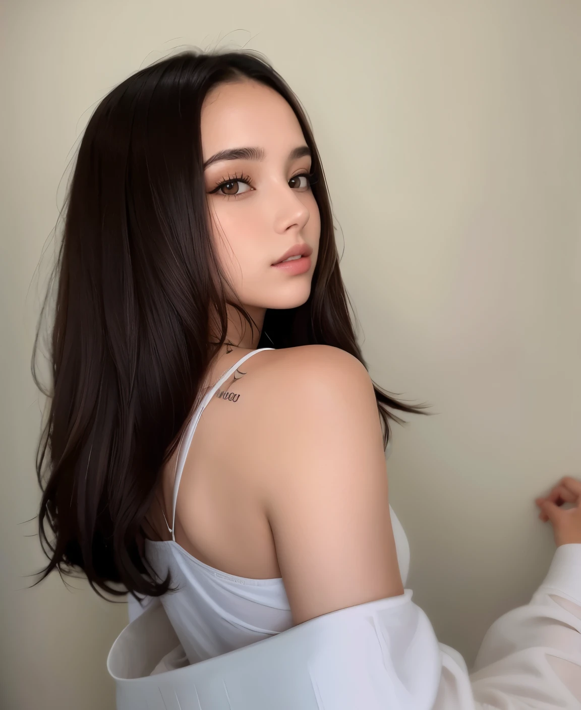 Hay una mujer con un tatuaje en el brazo posando para una foto, cabello laciostyle, with Cabello negro lacio, con cabello largo y oscuro, girl with dark brown hair, cabello lacio, Retrato Sophie Mudd, young woman con cabello largo y oscuro, con el pelo largo, Modelo de ultra alta calidad, maravilloso cabello oscuro, Hermosa modelo joven, cabello de longitud media, Cabello negro lacio
