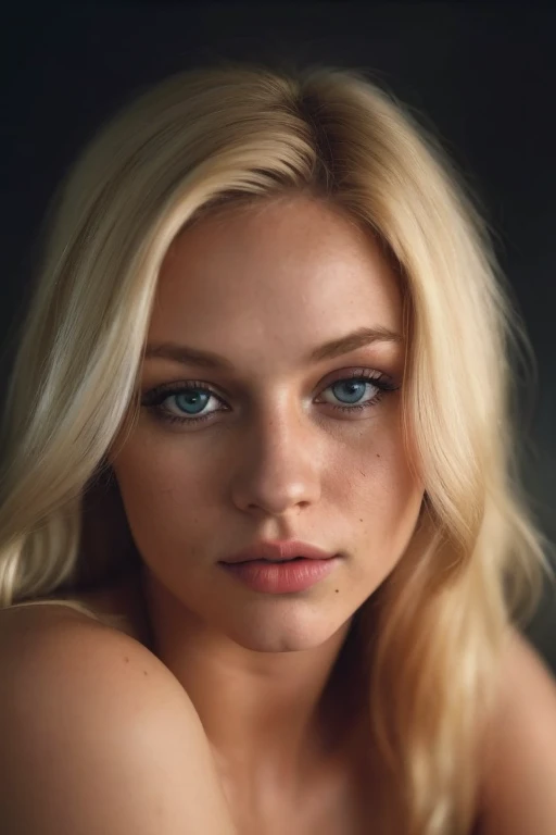 (editorial photograph of a blonde 21 year old woman), (highly detailed face:1.4)(blue eyes) (smile:0.7) (background inside dark, moody, private study:1.OV, by lee jeffries, nikon d850, film stock photograph ,4 kodak portra 400 ,camera f1.6 lens ,rich colors ,hyper realistic ,lifelike texture, dramatic lighting , cinestill 800, large breasts, small waist, hair in a pony tail