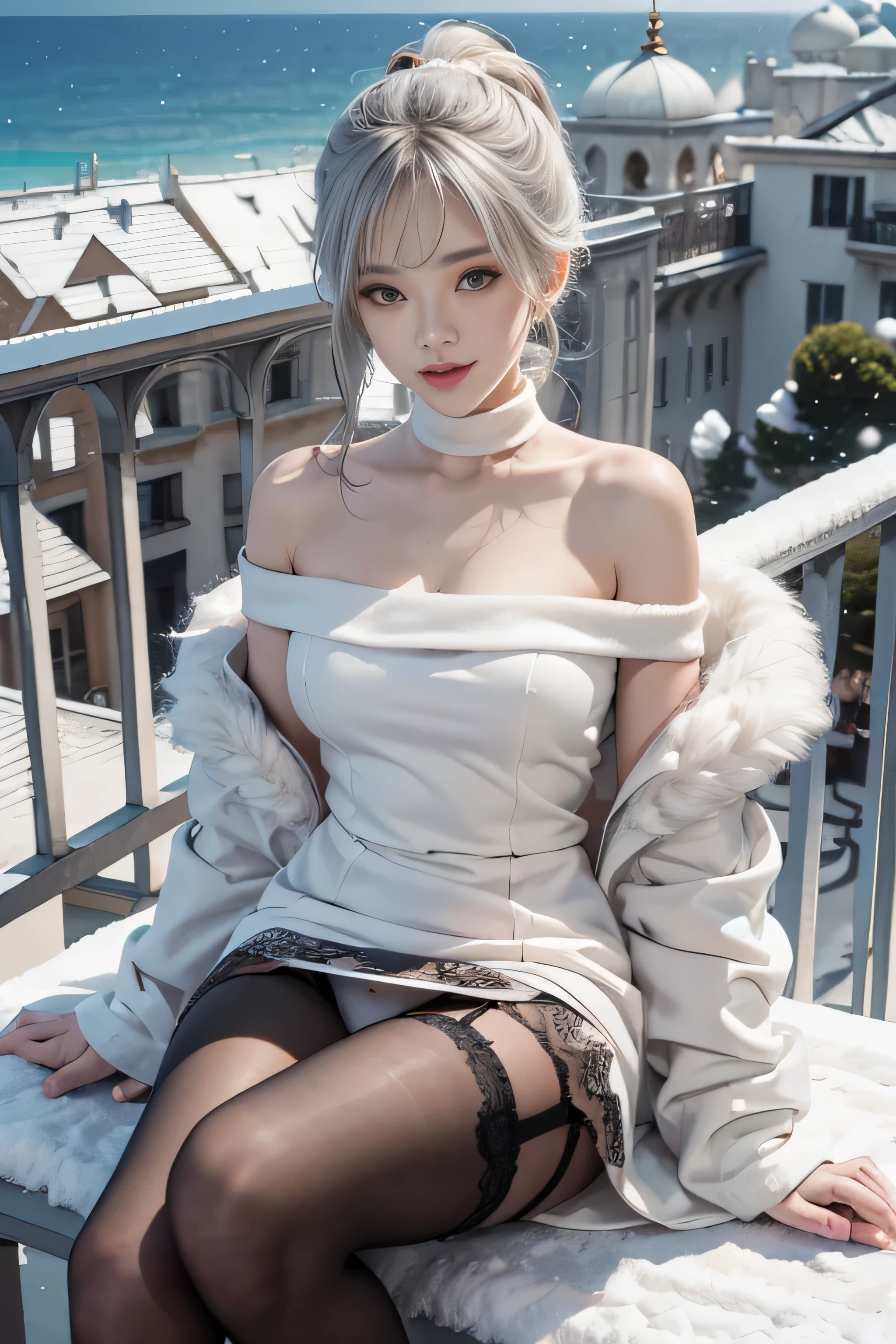 ((Woman sitting cross-legged on the balcony of the palace))、1girl in、 (( Silvery hair))To, Long hair, ((Side Ponytail)), aqua eyes, longeyelashes, makeup, Smile, Cubist Futurism, depth of fields, One-person viewpoint, F/1.2, 135 mm, canon, nffsw, retinas, masutepiece, ccurate, Anatomically correct, Textured skin, Super Detail, high details, High quality,(breasts of medium size,)、(A slender )Best Quality, hight resolution, 1080p, hard disk, 4K, 8K、((Off-the-shoulder snow-white dress)), Garter belt pantyhose、high-heels、White walls intertwined with ivy、((Black lace panties are visible)),((fur-coat))