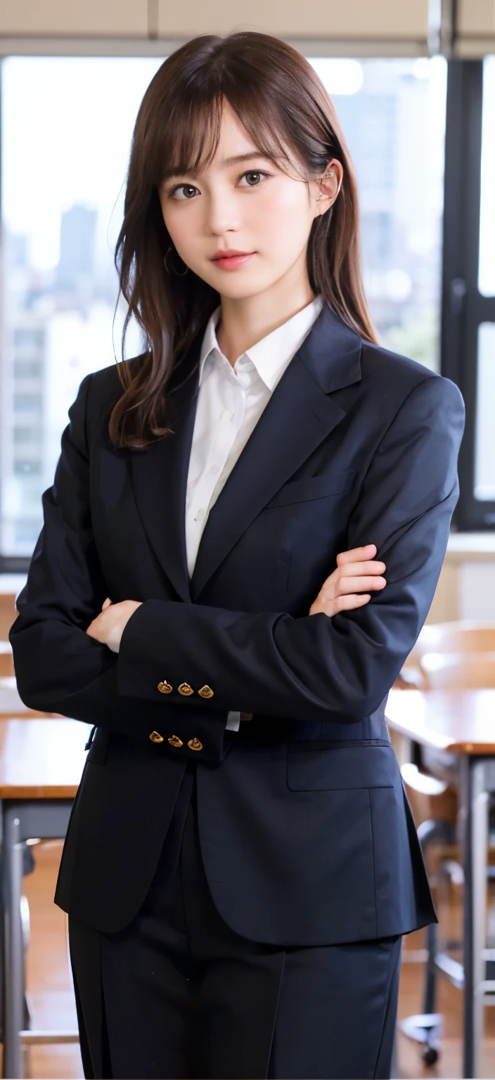 1人、独奏、Parting lips、Officelady、Business suits、sky line、school classrooms、With your arms crossed behind your head、looking at viewert、
