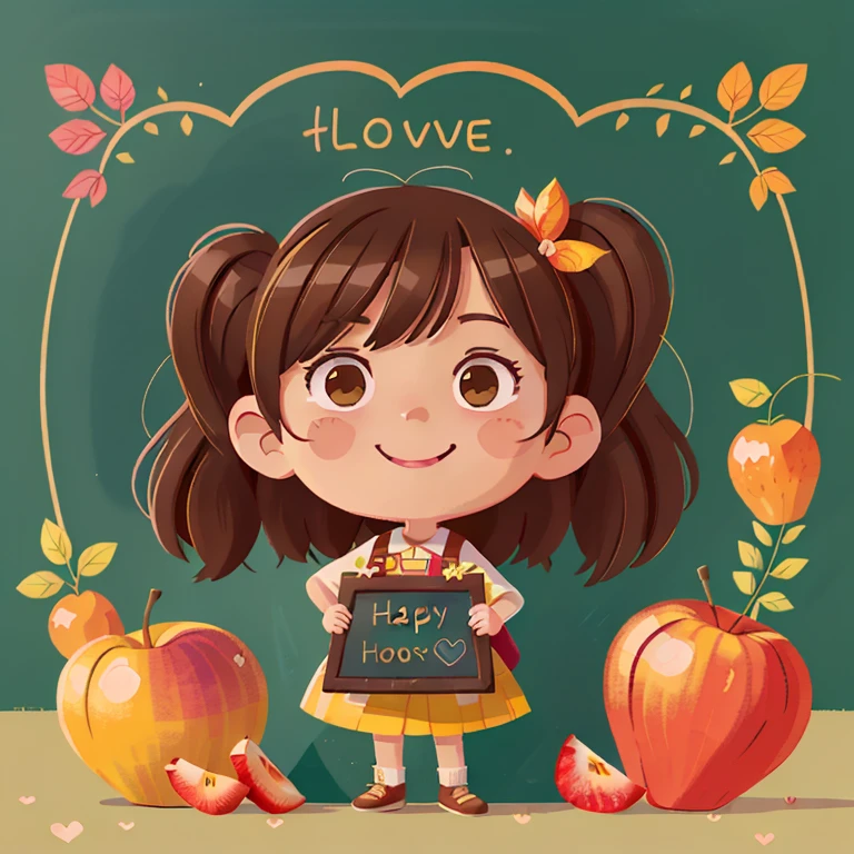 Girl with brown hair，（There is love）（There is love）Happy，orchard，those fruits，hold love，Surrounded by love，surrounded by love，blackboards，O sign，vector，line art，designs，inspiration，straight line，RHAD