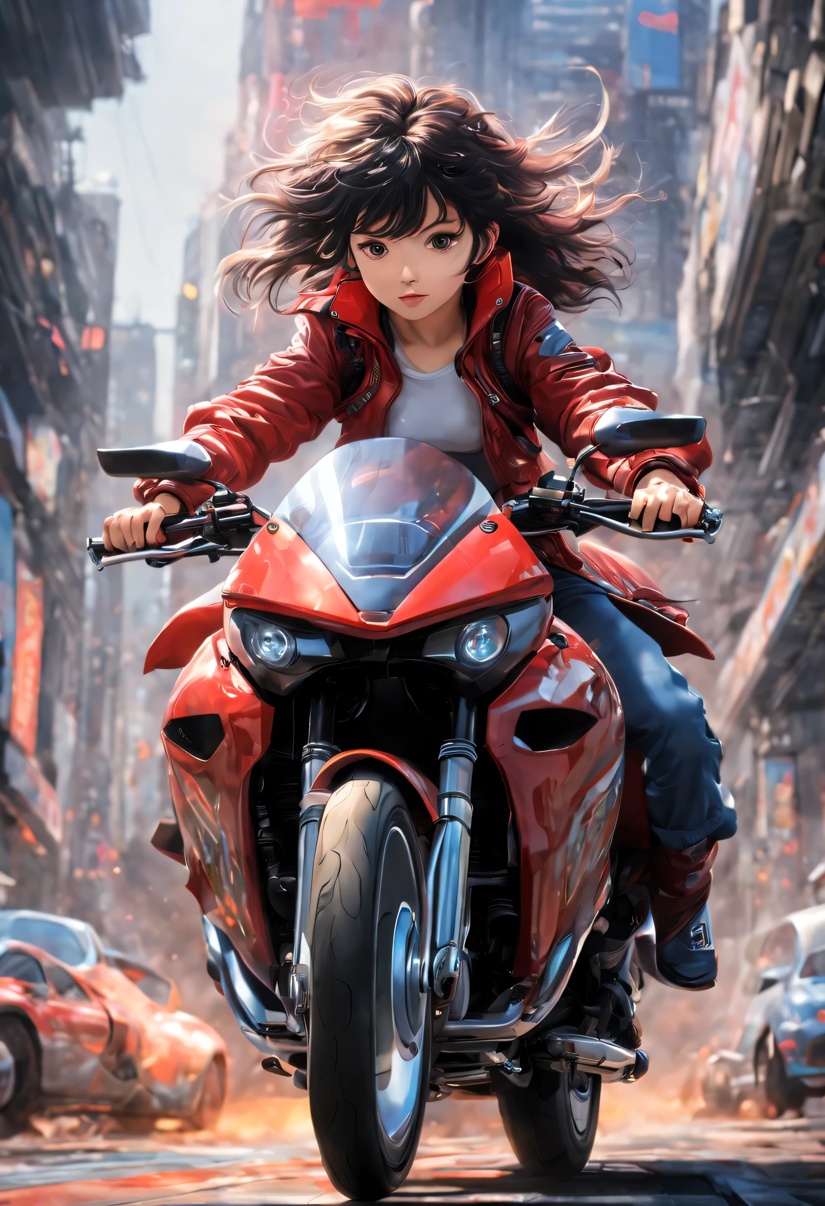 (4k), (Obra maestra), (La mejor calidad), (realista), (Kinematic　luci), (epopeya), foto real, ((todo el cuerpo)), Toma en movimiento, cuerpo completo, Joven japonesa, pelo corto ????? brillante, (((小脸))), senos grandes, ((Chaqueta roja de motorista,On the back an image of a capsule is drawn..)), montar en color rojo [[Kaneda&#39;s ride machine appears in AKIRA, bajo y largo]], Cabello arrastrado por la brisa, flequillo contundente, coy smile, puesta del sol_paisaje_fondo, Akiraposter, ,Science-Fiction, The vehicle has an extremely long wheelbase and a low height., and a Quasar-like forward foot design , where you drive with your legs spread out like a four-wheeled formula car instead of astride , The front hub central steering structure and the digital meter equipped with an on-board computer made it stand out even among works of fiction at the time of its release.., y tuvo una gran influencia en las generaciones posteriores, The body is painted all red., y pegatinas como `` Mt. Narita ,'' `` Canon ,'' `` Honda ,&#39; &#39; ` ` SHOEI ,'' `` Arai ,&#39;&#39; y `` CIUDADANO &#39;&#39; are placed , In addition to manga and anime., Mockup models are displayed at manga festivals and auto shows around the world., Custom bicycles are sold that reproduce the design., and the bike appeared in Spielberg&#39;s Hollywood film. `` Listo Player One. &#39;&#39; y boasts worldwide recognition , The inspiration for the design came from the handlebars of the chopper motorcycle that appeared in the movie. `` Easy Rider &#39;&#39; y the oval shape of the ``Bicicleta Lightcycle&#39;&#39; designed by Syd Mead that appeared in the film `` TRONO .'' , Due to its design, It doesn&#39;t seem like it was designed for more than two people on board.., pero en la obra original, Kaneda quita la capota trasera y coloca a Kei encima del marco expuesto., dicho, ``Puedo soportar cualquier cosa que pese menos de 80 kg. .'' , Also, in the animated film, Tetsuo pone a Kaori en el respaldo del asiento., y al final, Kaneda carga a Kei de la misma manera., por lo que parece posible que dos personas viajen juntas sin quitarse
