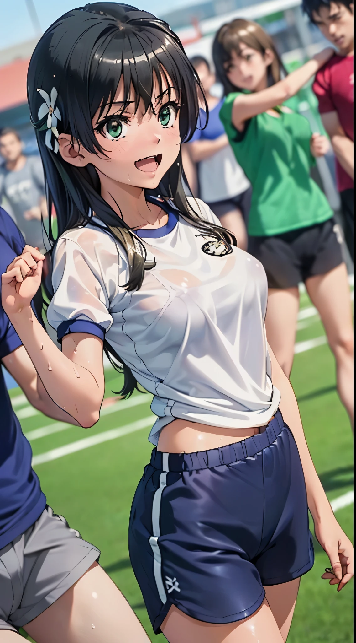 1womanl,Golden hair, beautiful breasts,(((Sexy white and blue shiny short sleeve gym clothes and shorts、Smile with open mouth)),(((Nariko Saten))),((( portlate))),Crowds,Shiny white short-sleeved gym uniform and blue shorts,Wet with sweat,((athletic field)),((see -through)),outside of house,(((clothes shiny))),