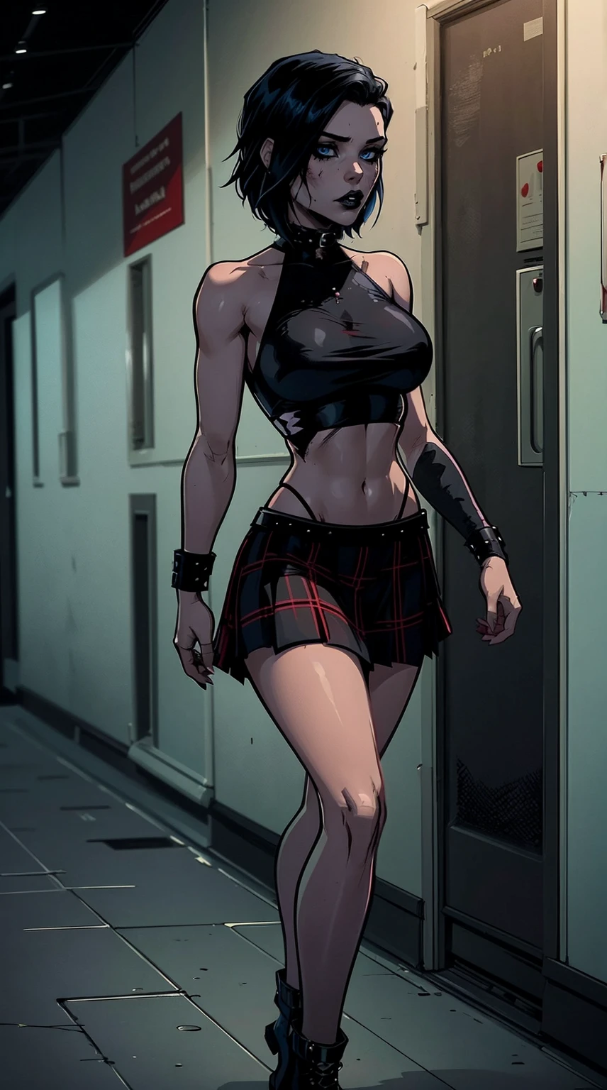 a woman with short black hair, hair on shoulders,  wearing a black cropped  and plaid skirt, blue eyes, zombie art, gothic art, cute aesthetic with vibe, toon aesthetic, wearing red costume, wearing gothic accessories, look like Cassie Hack, whole body, walkin on the skrulls
