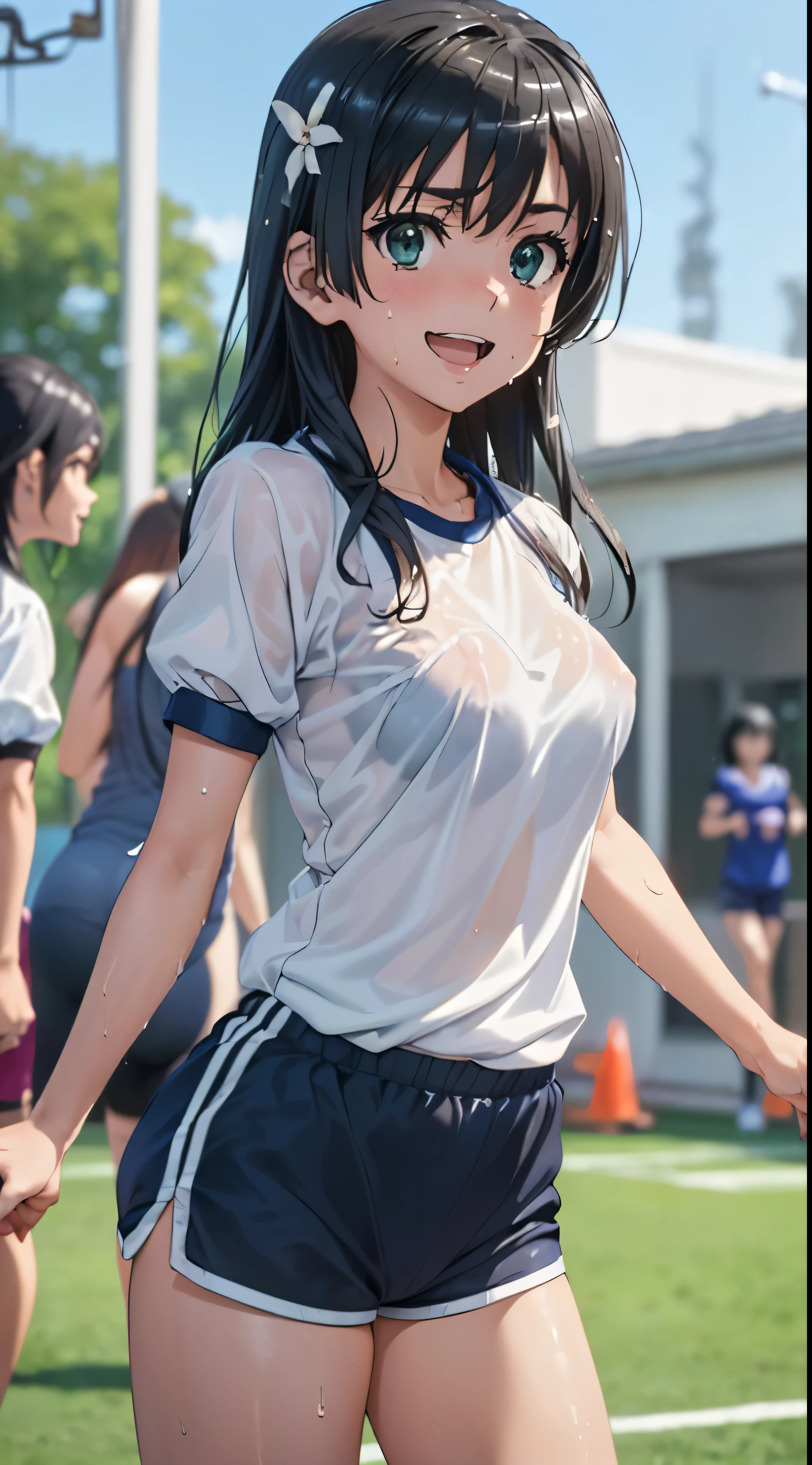 1womanl,Golden hair, beautiful breasts,(((Sexy white and blue shiny short sleeve gym clothes and shorts、Smile with open mouth)),(((Satin Narico))),((( portlate))),Crowds,Shiny white short-sleeved gym uniform and blue pants,Wet with sweat,((athletic field)),((see -through)),outside of house,(((clothes shiny))),