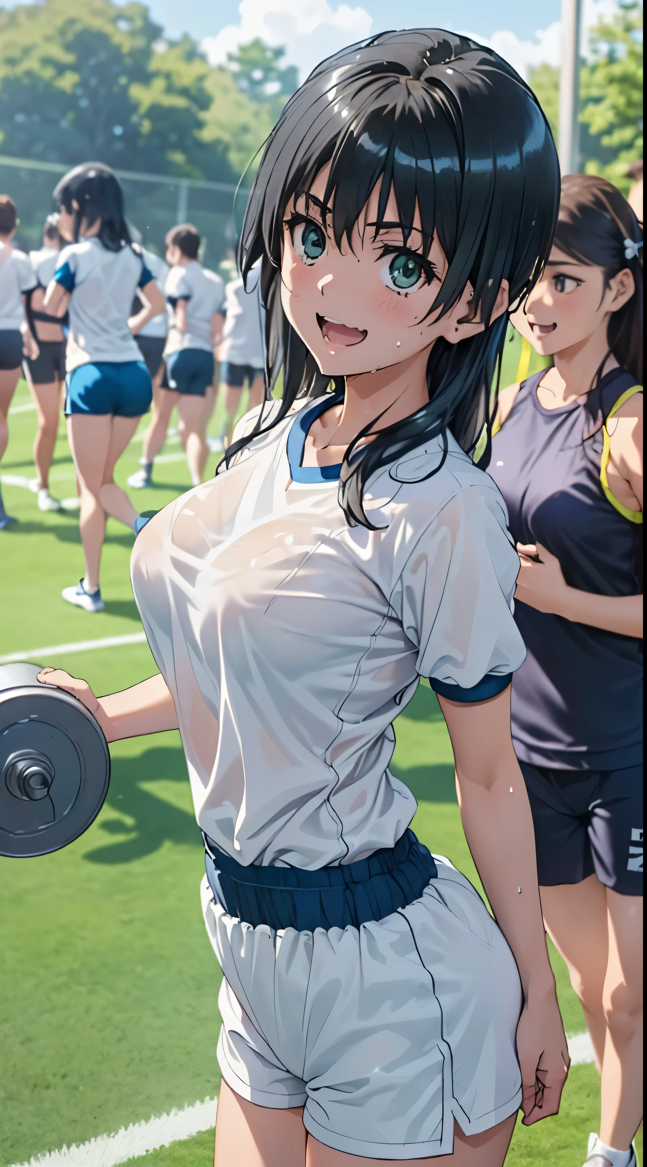 1womanl,Golden hair,14 year old beautiful breasts,(((Sexy white and blue shiny short sleeve gym clothes and shorts、Smile with open mouth)),(((Nariko Saten))),((( portlate))),Crowds,Shiny white short-sleeved gym uniform and blue shorts,Wet with sweat,((athletic field)),((see -through)),outside of house,(((clothes shiny))),