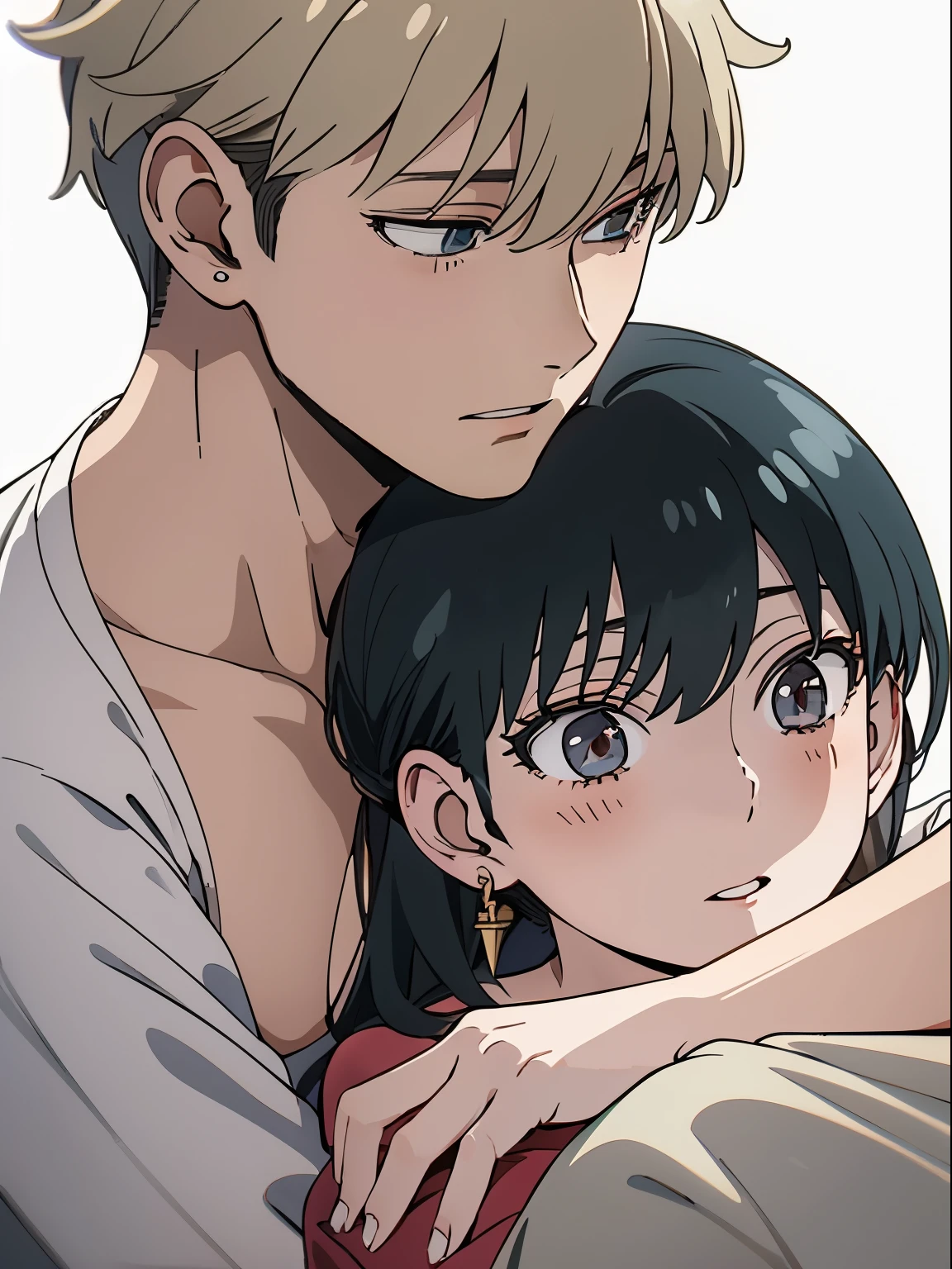 top-quality、​masterpiece、hight resolution、(((1girl and 1boy)))、全barechestedのスレンダーな女の子、A slender girl and a muscular boy hug each other on the bed、Girls blush、black hair girl、Blonde boy、A girl and a boy are playing with each other、(((Yor Forger)))、(((agent_twilight)))、全barechestedの女の子と男の子が抱き合っている、Girl with big、(((全barechested、barechested)))