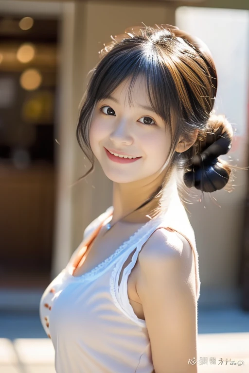 (((​masterpiece))),  (((Full body photo，Standing)))，(One beautiful Japan girl, Innocence，kawaii) ，超A high resolution, Realistic, ultra-detailliert, 8K,top-quality, Extremely detailed, blurry backround,A slender,small tits，very beautiful japanese girl, Detailed face:1.3), (wears hair in two buns，A dark-haired :1.4), (a baby face，kawaii系,adorable 14 year old girl), (Perfect body:1.1),  (White sleeveless shirt，Light brown pleated mini skirt), A smile that makes you want to hug，Please show me your beautiful teeth,Super Detailed Face、Detailed lips、Detailed Big Eyes、small gravure idol，Transparent skin、Lori，carrying a small black backpack，Date at a hamburger shop，Looking up from the ground，キュートでkawaiiポーズ, Warm tones