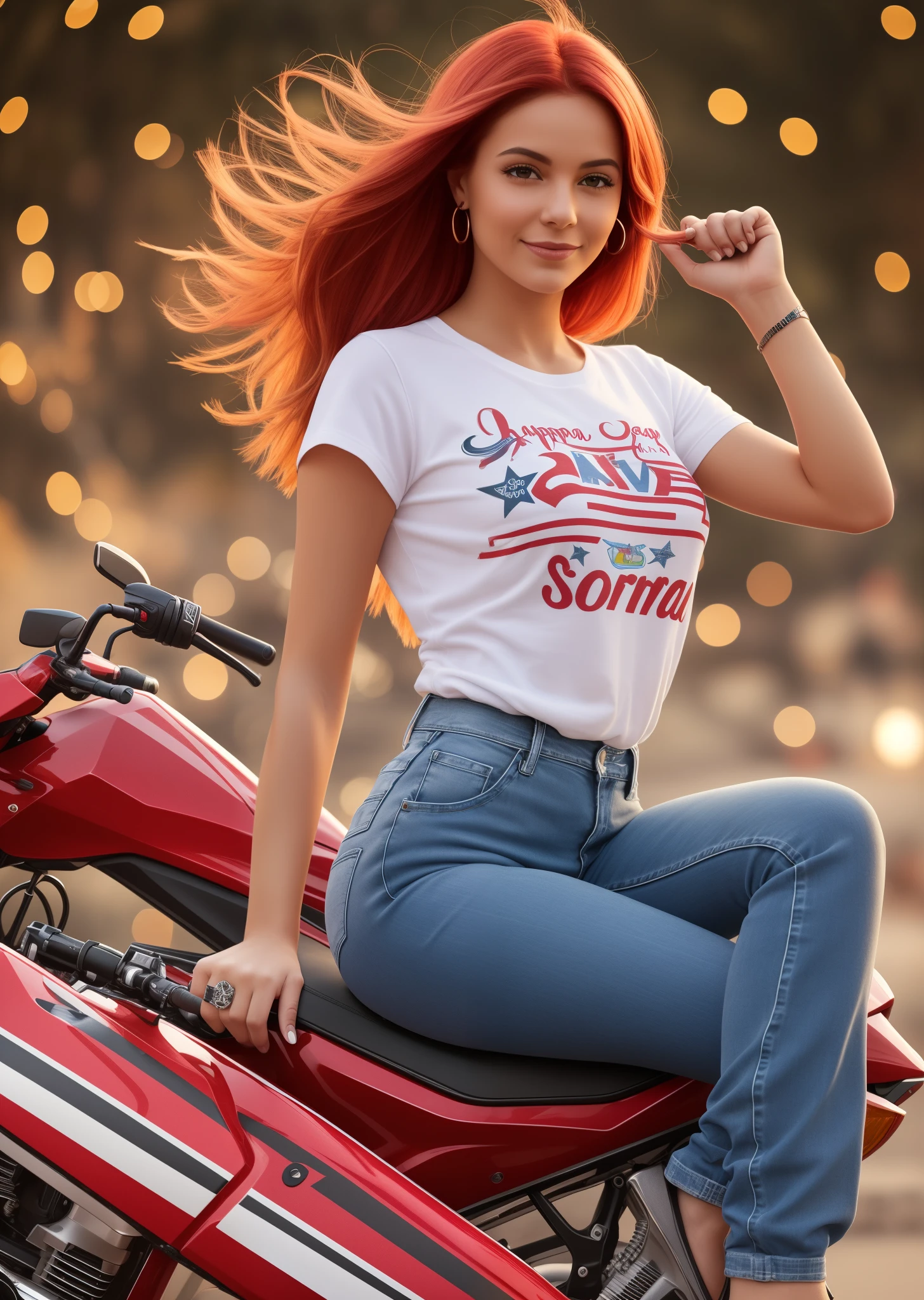 **Prompt:**
A vibrant red-haired woman exudes style as she confidently sits atop a sleek sports bike, creating the perfect image for a Happy New Year card. Dressed in elegant jeans and a T-shirt adorned with the word 'kabulosos,' she emanates an infectious energy of adventure and enthusiasm. The scene captures a sense of confidence and attitude, signaling readiness to accelerate into the new year. In the background, colorful fireworks and festive elements add to the celebratory atmosphere, encapsulating the festive spirit and the determination to embrace the upcoming year with style and positivity. | {The camera focuses on the red-haired woman and the details of her outfit and the festive background, ensuring a dynamic and engaging composition} | ((auto):1), ((s2-imagine):1), More_Detail. --auto --s2