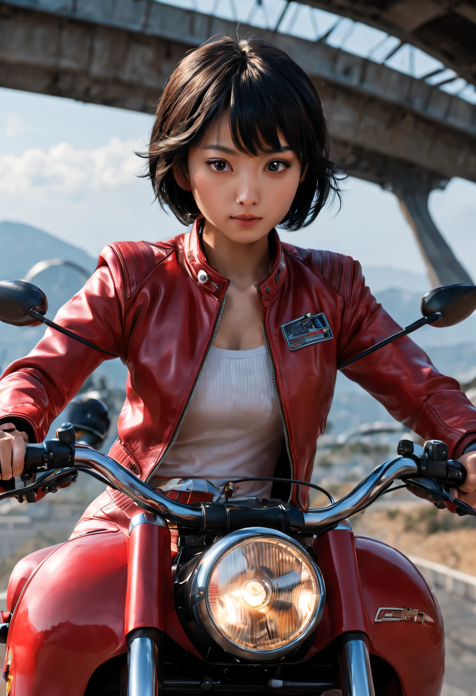 (4k), (Obra maestra), (La mejor calidad), (realista), (Kinematic　luci), (epopeya), foto real, ((todo el cuerpo)), Toma en movimiento, cuerpo completo, Joven japonesa, pelo corto negro brillante, (((小脸))), senos grandes, ((Chaqueta roja de motorista,On the back an image of a capsule is drawn..)), montar en color rojo [[Kaneda&#39;s ride machine appears in AKIRA, bajo y largo]], Cabello arrastrado por la brisa, flequillo contundente, coy smile, puesta del sol_paisaje_fondo, Akiraposter, ,Science-Fiction, The vehicle has an extremely long wheelbase and a low height., and a Quasar-like forward foot design , where you drive with your legs spread out like a four-wheeled formula car instead of astride , The front hub central steering structure and the digital meter equipped with an on-board computer made it stand out even among works of fiction at the time of its release.., y tuvo una gran influencia en las generaciones posteriores, The body is painted all red., y pegatinas como `` Mt. Narita ,'' `` Canon ,'' `` Honda ,&#39; &#39; ` ` SHOEI ,'' `` Arai ,&#39;&#39; y `` CIUDADANO &#39;&#39; are placed , In addition to manga and anime., Mockup models are displayed at manga festivals and auto shows around the world., Custom bicycles are sold that reproduce the design., and the bike appeared in Spielberg&#39;s Hollywood film. `` Listo Player One. &#39;&#39; y boasts worldwide recognition , The inspiration for the design came from the handlebars of the chopper motorcycle that appeared in the movie. `` Easy Rider &#39;&#39; y the oval shape of the ``Bicicleta Lightcycle&#39;&#39; designed by Syd Mead that appeared in the film `` TRONO .'' , Due to its design, It doesn&#39;t seem like it was designed for more than two people on board.., pero en la obra original, Kaneda quita la capota trasera y coloca a Kei encima del marco expuesto., dicho, ``Puedo soportar cualquier cosa que pese menos de 80 kg. .'' , Also, in the animated film, Tetsuo pone a Kaori en el respaldo del asiento., y al final, Kaneda carga a Kei de la misma manera., por lo que parece posible que dos personas viajen juntas sin quitarse