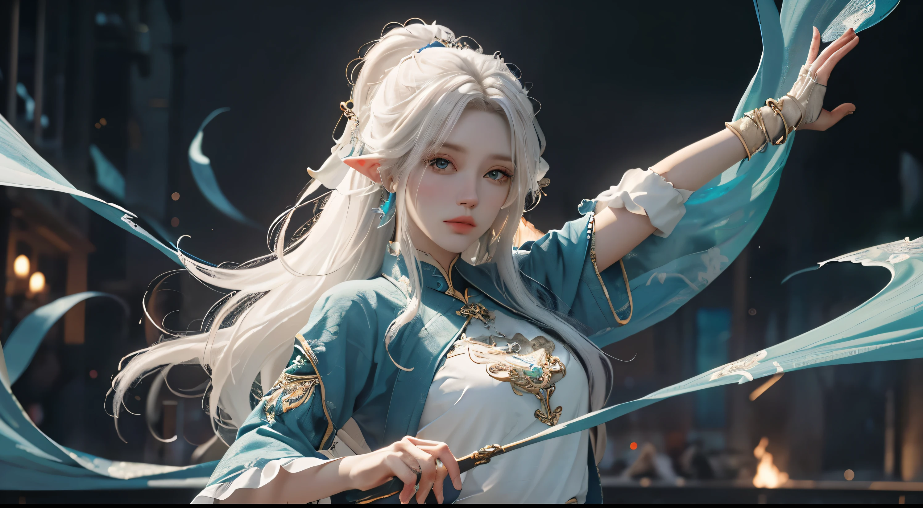 full-shot of a woman with white hair and white mask, Hermosa pintura de figuras, Guviz, Ilustraciones de estilo Guvitz, Dios de pelo blanco, Yang J, Epic art of fine characters, amazing character art, Fan Qi, Wu Zhun Shifan, Gu Vitz at pixiv art station, primer plano, de, un, mujer pelo blanco, Hermosa pintura de figuras, Gu Viz, Obra de arte estilo Gu Vitz, Dios del pelo blanco, Yang J, Epic art of fine characters, amazing character art, Fan Qi, Wu Zhun Shifan, Guvitz in pixiv art station, cuerpo femenino perfecto, (((camiseta blanca ajustada))), Hermosos ojos, orejas de elfo, (cara delicada), Pelo blanco corto, cabello atado, Horquilla azul claro, piel glasseair con borde de seda negro), (better lighting), (super-complex details), Unidad 4K, (super-detailed Costrando piernas justas, Medias, pantalones calientes, shorts,