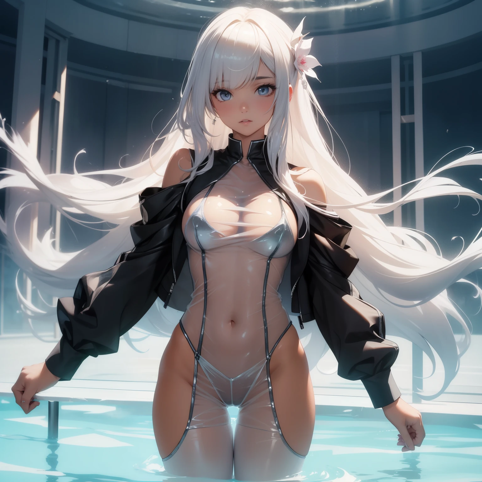 (quality)), ((tmasterpiece)), Recommended resultsluffly、(see through:1.5)、Whole body ESBIAN、squatt、、all the way backward、The slender one、Super huge bust、angle to floor:1.2、low camera angle、There is white liquid flowing out of the crotch、The entire body faces the camera,Hair can be seen on the crotch,Students wearing see-through clothing