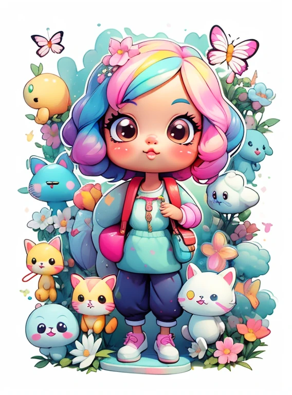 a cartoon girl with glasses, african american girl, african american elegant girl, purple backpack, long pants, lots of bubbles, flowers, butterflies, super cute funky black girl, cute detailed digital art, portrait of a lisa frank, cute digital art, cartoon artstyle, cartoon art style, colorfull illustration, advanced digital chibi art, cartoon style illustration, adorable digital painting, cute art style, lisa frank style, cute cartoon character, colorful flowers