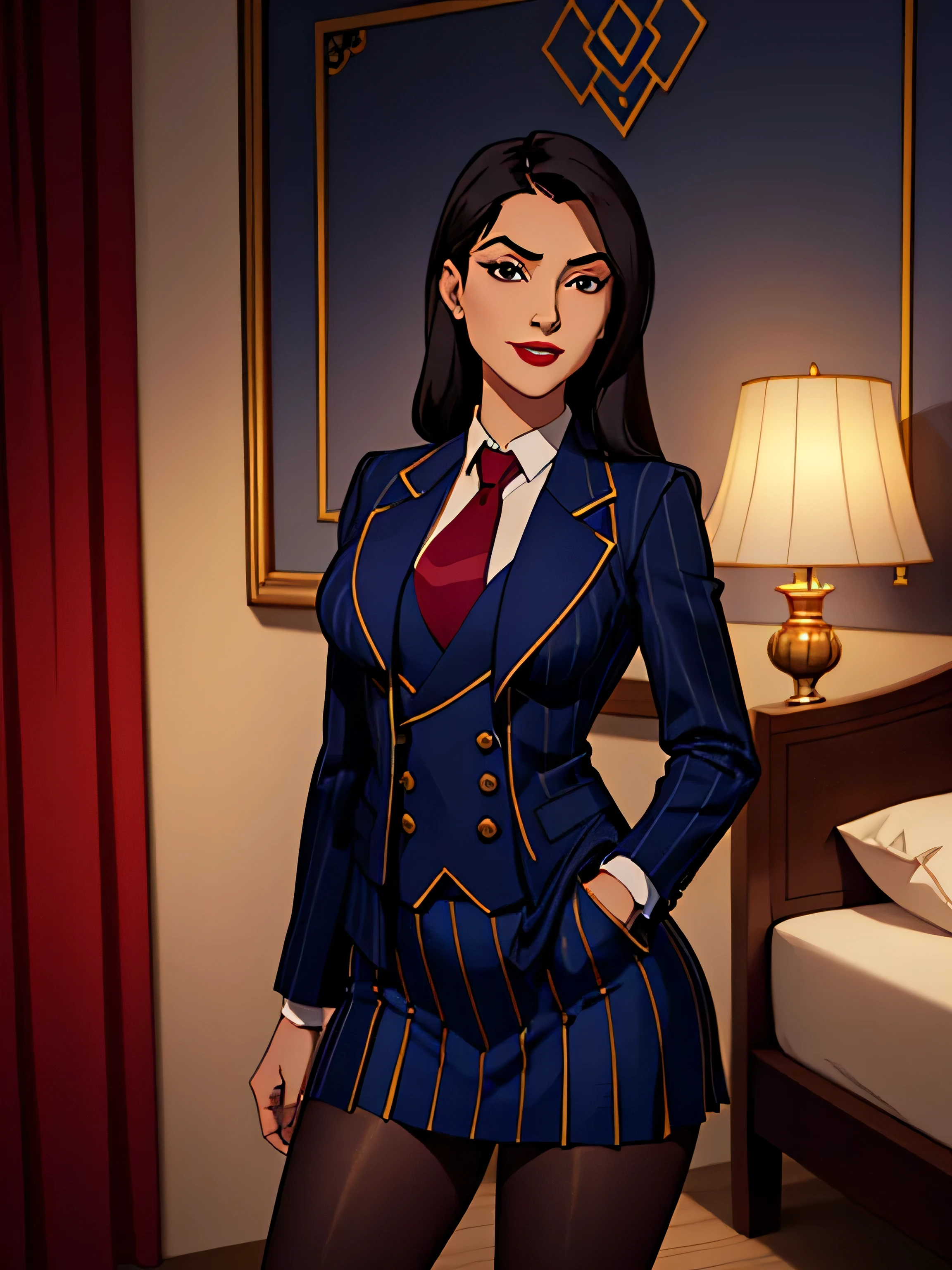 A very sexy and beautiful ancient Persian girl,A very mature and beautiful girl,Sexy mature royal sister,Royal sister temperament,Supermodel temperament,persian noble气质,Solo,In ancient palaces,Decorating the bedroom in ancient Persian style,(((navy pinstripe skirt suit))), suit and tie, (((three-piece suit))), blue dress shirt with white collar, shirt and tie, (((silk necktie))), (((blazer))), (((suit jacket))), open jacket, (((waistcoat))), ((double-breasted waistcoat)), (((bodycon miniskirt))), (((pencil skirt))), (((tights))), (((pocket square))), tie clip,European noble vampire,Strappy pointed toe heels,j(An extremely delicate and beautiful work:1.1)a very sexy and beautiful woman,Have perfect body proportions,Tight body lines,Sexy and perfect body curves(Plump),moist skin feeling,clear skin texture(Advanced skin details:1.1)supermodel perfect face,Sexy red lips,Enchanted smile,Persian girls have exquisite and perfect facial features,cabellos largos dorados,Clear and fine hair texture(Quality hair details:1.1),red pupils,Clear and refined eye details,Beautiful and sophisticated eye makeup,(Advanced eye detail:1.1)The optimal ratio of four fingers to one thumb.Beautiful and exquisite manicure,Feet with perfectly proportioned thighs and calves,,Royal sister demeanor,Royal Sister Series,Persian Femininity,persian noble,Burgundy series,level photography,Perfect work of art,Hyper Real的复杂细节,BestWorks,Best Picture Quality,Clear picture quality,ultradetailed,Very high resolution,Full body photography of one person,Hyper Real,Cover photo,profesional lighting ,Professional dimming,Perfect Goddess,Works of exquisite and intricate detail,Best Masterpiece
