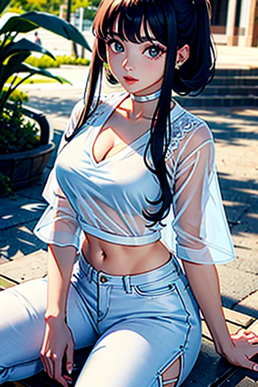 Close-up de uma mulher em uma blusa branca sentada em uma cadeira, linda mulher coreana jovem, white clothes are very transparent, mamas e pode ser visto