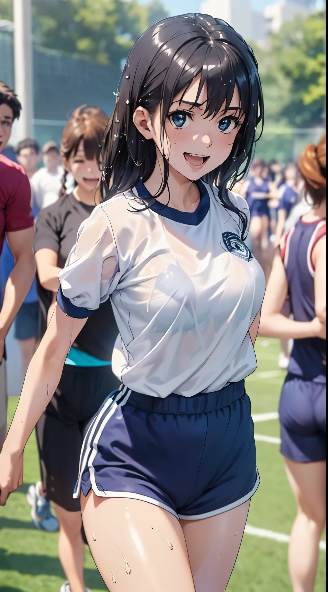 1womanl,Golden hair,14 year old beautiful breasts,(((Sexy white and blue shiny short sleeve gym clothes and shorts、Smile with open mouth)),((())),((( portlate))),Crowds,Shiny white short-sleeved gym uniform and blue shorts,(Wet with sweat),((athletic field)),((see -through)),outside of house,(((clothes shiny))),