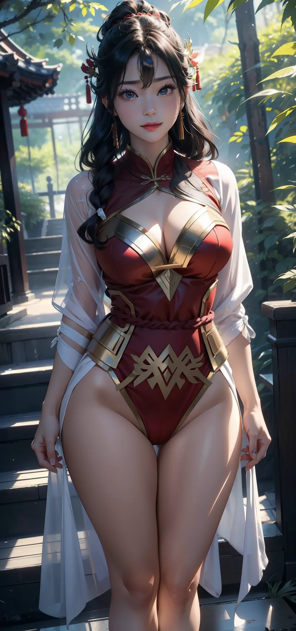 1female,45 yers old,Married woman,长's legeig chest and thin waist, photo exposure, 独奏,(Background with:at a forest,the rainforest,in summer) She has 长's white hair,Redlip,Stand deep in the forest,seen from the front, hair straight,长's, 飘逸's头发, The sky is mostly cloudy,(((tmasterpiece),(非常细致'sCG统一8k壁纸),最好's质量,电影灯光,详细's背景,美丽's右眼瞳孔,(very delicate beautiful),(美丽而细致's眼睛描述),ultra - detailed,tmasterpiece,)),facing at the camera,A high resolution,ultra - detailed),'s,a little bit chubby,过多's, Camel toes,No wonder women(dressed in:Transparent Wonder Woman Uniform,,)