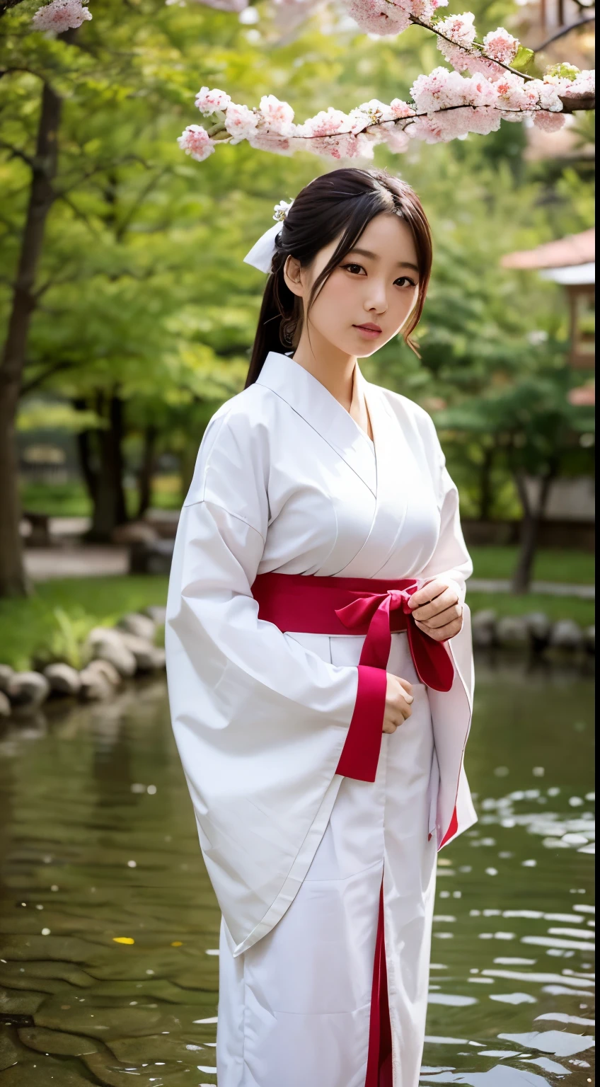 An elegant Japanese woman wearing traditional Shinto shrine maiden (miko) attire, standing in a serene Japanese garden. The garden is filled with cherry blossoms and a small, tranquil pond with koi fish. The woman has long black hair, styled traditionally, and her miko outfit is characterized by its pure white kimono and vibrant red hakama. She holds a small, sacred wand (harai) decorated with paper streamers. The setting is peaceful, with a gentle sun setting in the background, casting a warm, golden light over the scene.