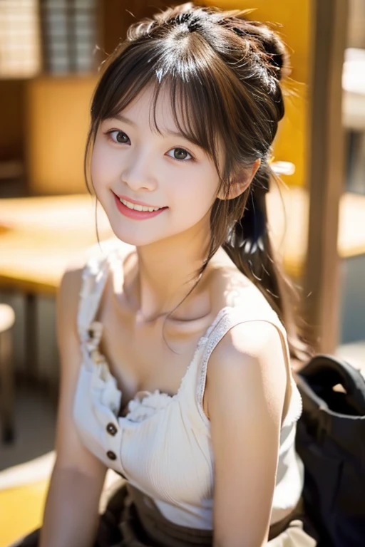 (((masterpiece))), (((Full body photo,Sitting on a chair))),(One beautiful Japan girl, Innocence,kawaii) ,超A high resolution, Realistic, ultra-detailliert, 8K,top-quality, Extremely detailed, blurry backround,A slender,small tits,very beautiful japanese girl, Detailed face:1.3), (wears hair in two buns,A dark-haired :1.4), (a ,kawaii系,adorable 14 year oPerfect body:1.1), (White sleeveless shirt,Light brown pleated mini skirt), A smile that makes you want to hug,Super Detailed Face、Detailed lips、Detailed Big Eyes、small gravure idol,Transparent skin、Lori,carrying a small black backpack,Eating a hamburger at a hamburger shop,Looking up from the ground,キュートでkawaiiポーズ, Warm tones