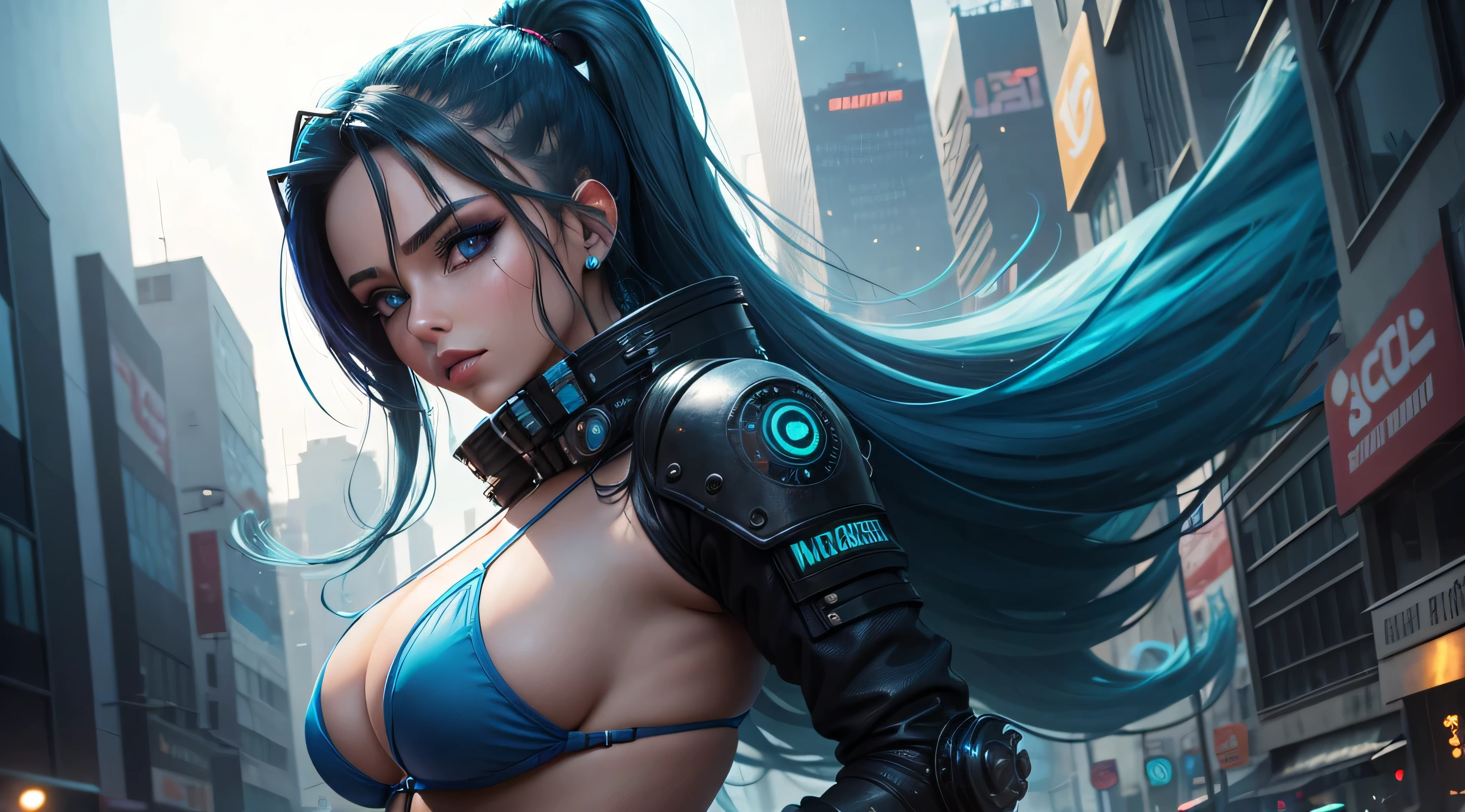 Fishnet Stockings, high quality, A high resolution, high quality face, Ultra detail, Gorgeous girl, big ass, big breasts, beautiful breasts, flowing mini skirt, translucent top, ((blue long hair)), front view, emphasis on the chest, breast close-up, cyberpunk, City of the future, holograms, neon lighting,