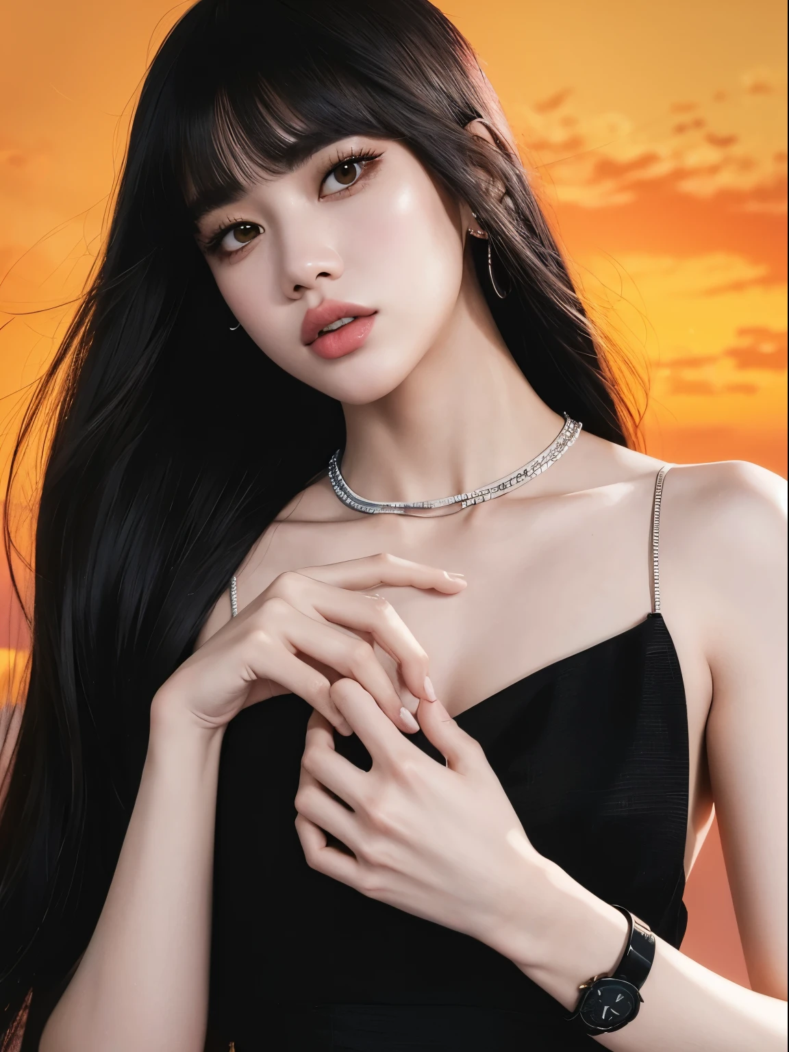 um close up de uma mulher com cabelos longos usando um vestido preto, Lalisa Manobal, portrait of jossi do blackpink, jossi do blackpink, Kiko Mizuhara, Lalisa Manoban do Blackpink, Ela tem cabelo preto com franja, Retrato Jisoo Blackpink, Bae Suzy, Dom Yunjoo, jia, Poarch bonito, jennie blackpink