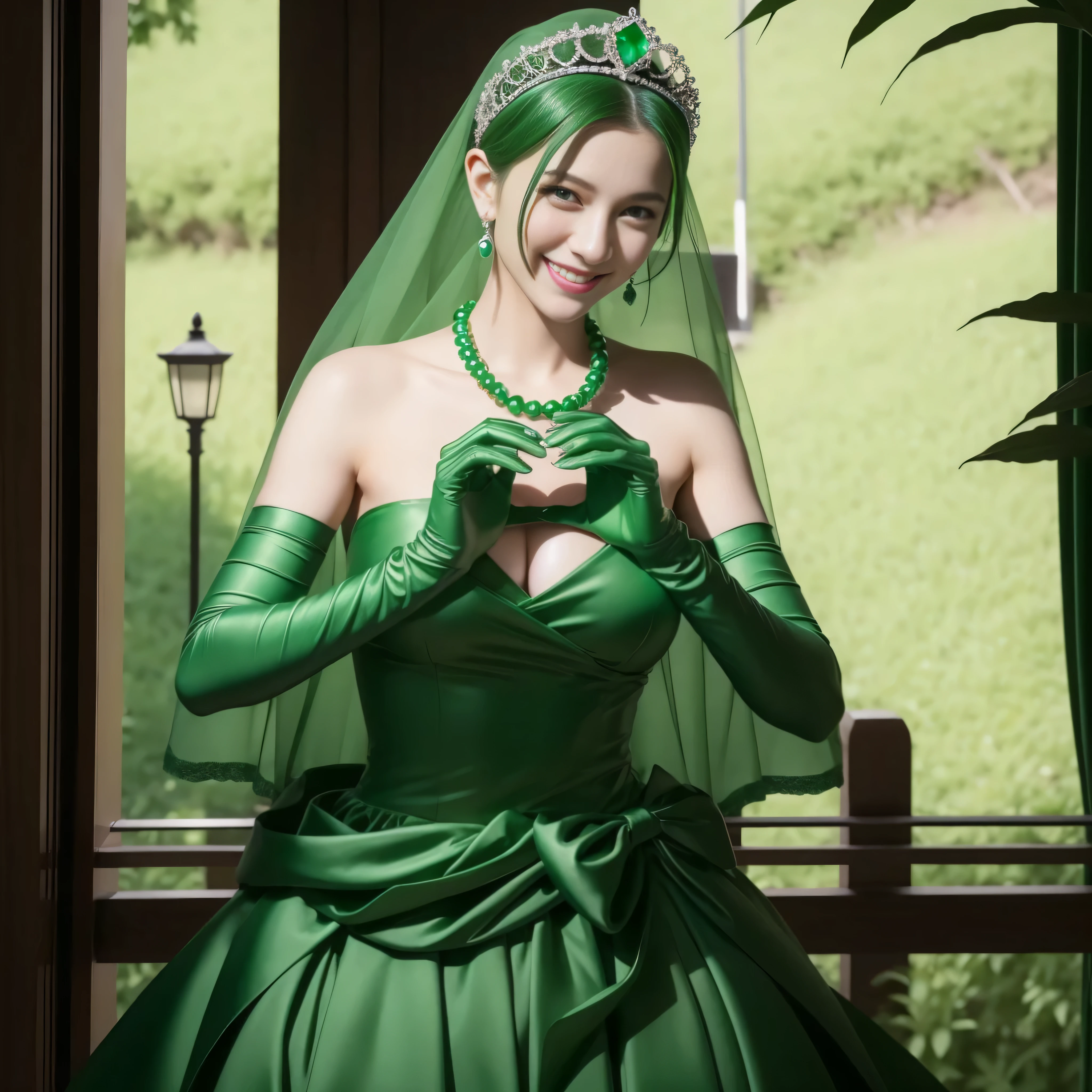 emerald tiara, Green Pearl Necklace, Boyish very short green hair, lipsticks, Japan woman smiling, very short short hair, big breasts beautiful, Green eyes, Long green gloves made of satin material, Green eyes, Emerald Earrings, green vale, 両Heart in the hand, Heart in the hand