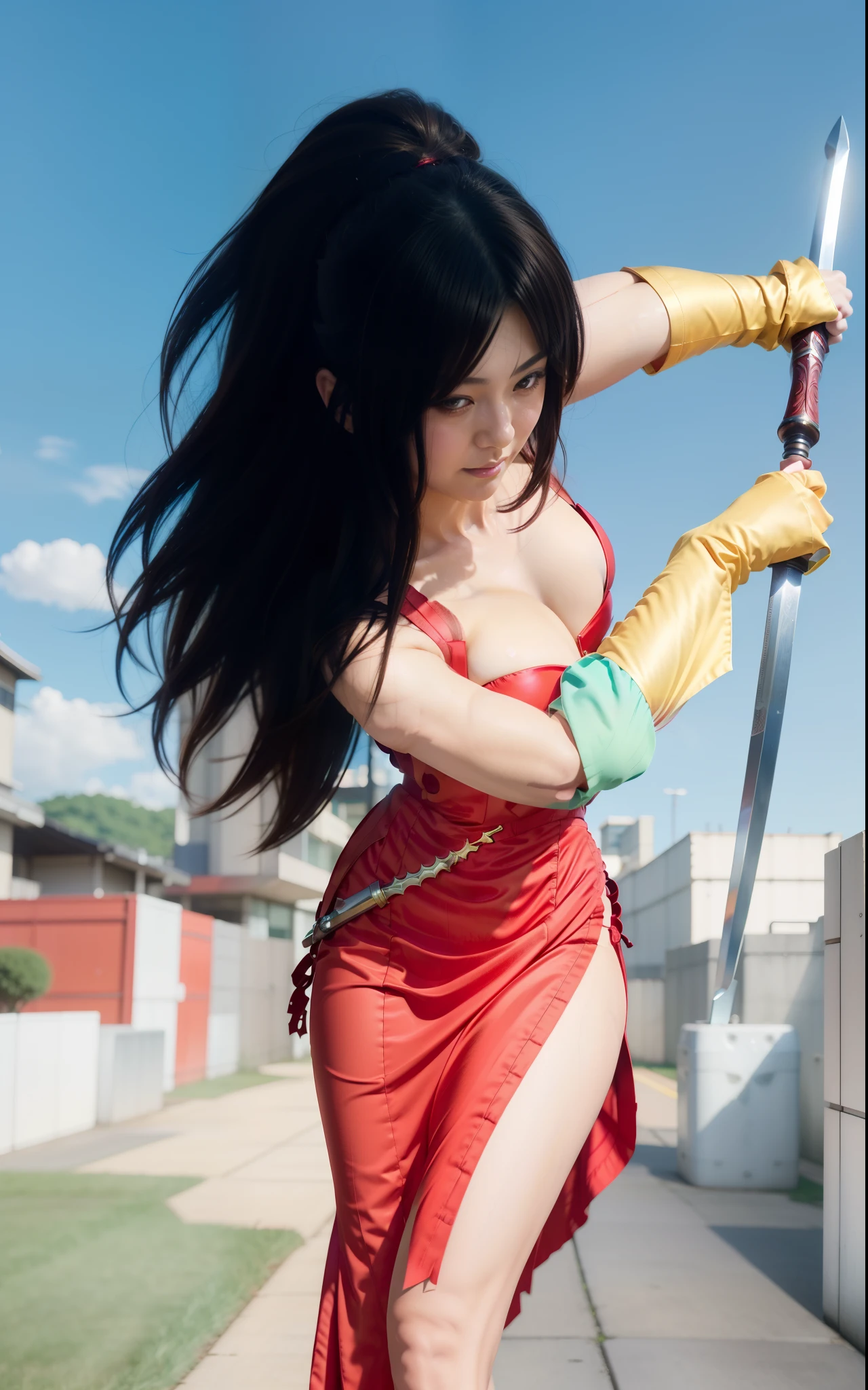Realistic,a close up of a woman in a red dress holding a sword, anime , anime girl , anime character; full body art, , masayoshi suto and artgerm, professional , realistic , anime girl in real life, ruan jia and artgerm, cosplayer, kunoichi, trending artgerm, anime goddess, photo realistic, masterpiece