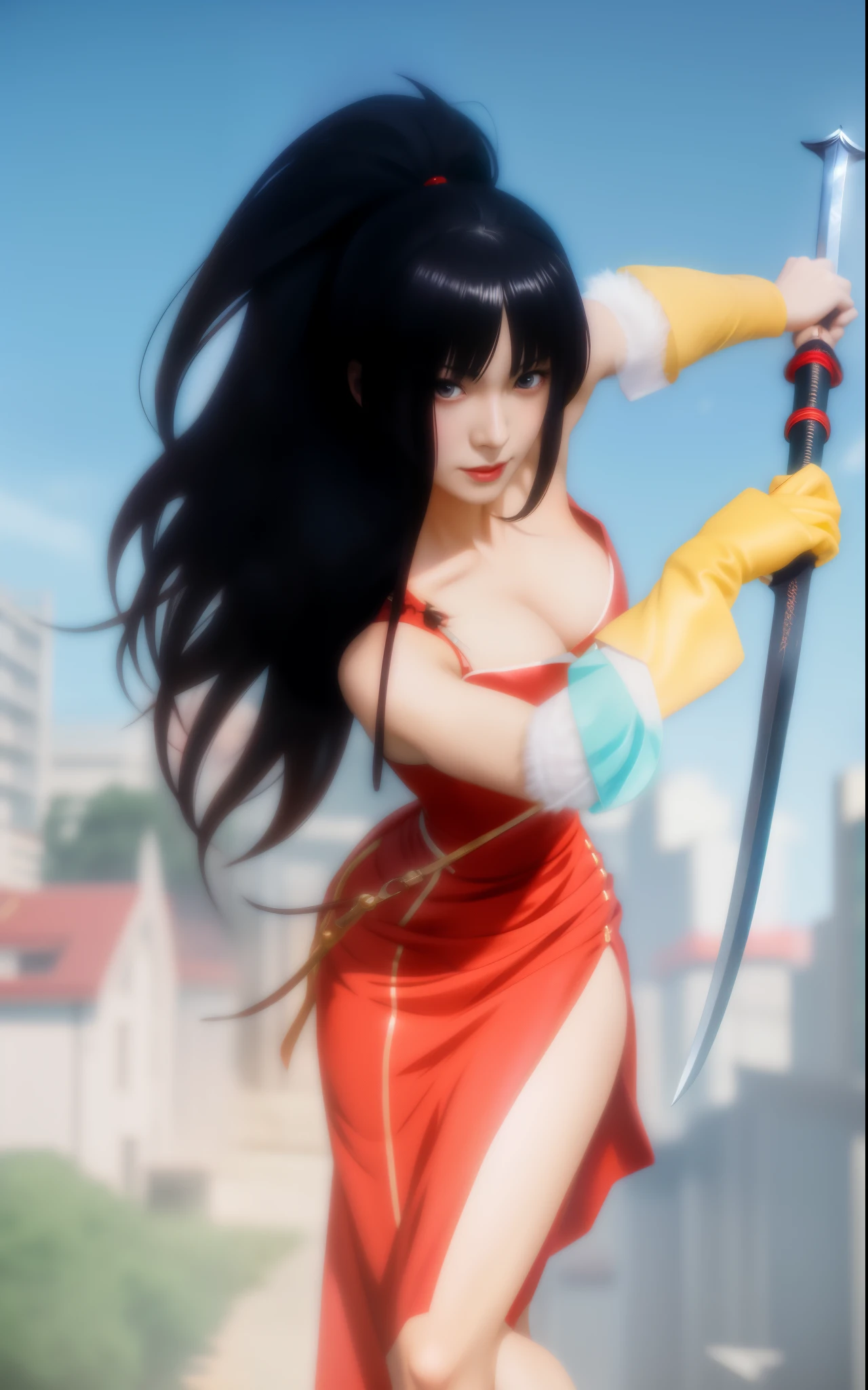 Realistic,a close up of a woman in a red dress holding a sword, anime , anime girl , anime character; full body art, , masayoshi suto and artgerm, professional , realistic , anime girl in real life, ruan jia and artgerm, cosplayer, kunoichi, trending artgerm, anime goddess, photo realistic, masterpiece