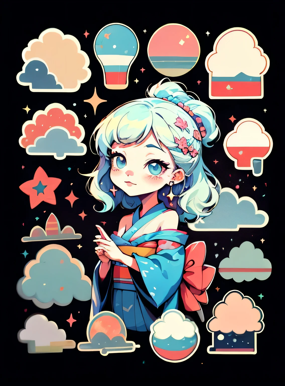 1 etiqueta, etiqueta, Nikkaze, (fofo girl), (Kimono lindo), (gorgeous hair accessory), (Japanese Traditional Hairstyle), Cereja, Montanhas, nuvem, behind is a huge round moon, Estrelas, fundo branco, sem antecedentes, fundo simples, minimum, fofo, tiny, cor pastel, estilo vetorial, Sem gradiente, cabelo branco platinado, com listras azuis, pele brilhante, lip and nose piercings, Aura de sete cores, aura of the Milky Way, master part, best quality, super high resolution, cor fluorescente, full body high detail illustration drawing enchanting colors of the highest quality that pop and smoky lights mist long hair choke floating airy fluffy hair 1 girl, looking up at the audience, beautiful face, Olhos bonitos, (fora do ombro: 1.2), head up, parte superior do corpo, Floresta, cabelos brilhantes, pele brilhante, corte brilhante, Chibi, finger scale coordination, vestido preto starlight, particuls, borboletas brilhantes, Estrelas and sparkles