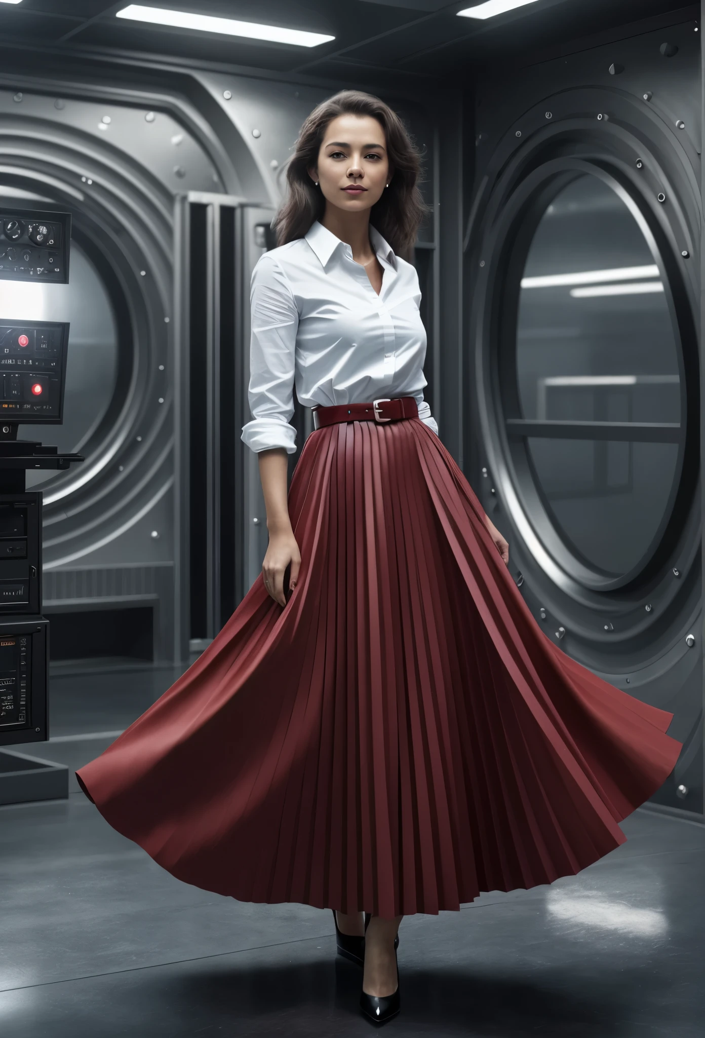 (authentic:1,1) (shy:1,2) (smiling:1,1) woman wearing (long (pleated) full circle skirt) and (low heeled office shoes), very intricate hyper-detailed symmetric (attractive graceful feminine face) with (sad, tired eyes and a shy smile), large breasts, full of empathy and compassion and love, (pronounced (feminine) features), (highly detailed ultra accurate realistic) hands and fingers, (windy conditions and wind blowing), epic composition, highly detailed attributes, highly detailed space station background, extremely high quality RAW photograph,, sci-fi , high-angle shot, cinematic shot, dynamic lighting, 75mm, Technicolor, Panavision, cinemascope, sharp focus, fine details, 8k, HDR, realism, realistic, key visual, film still, superb cinematic color grading, depth of field