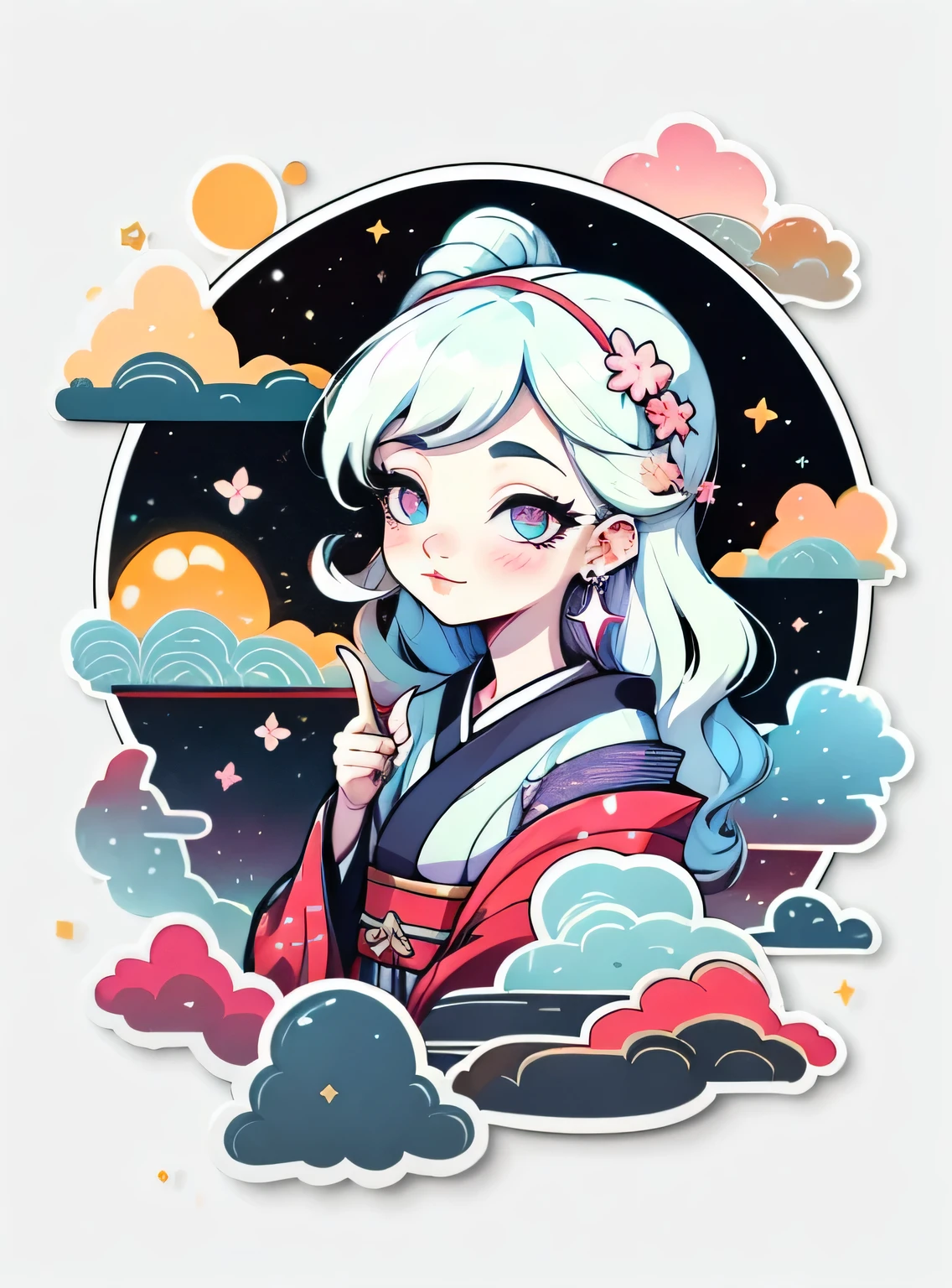 1 etiqueta, etiqueta, Nikkaze, (fofo girl), (Kimono lindo), (gorgeous hair accessory), (Japanese Traditional Hairstyle), Cereja, Montanhas, nuvem, behind is a huge round moon, Estrelas, fundo branco, sem antecedentes, fundo simples, minimum, fofo, tiny, cor pastel, estilo vetorial, Sem gradiente, cabelo branco platinado, com listras azuis, pele brilhante, lip and nose piercings, Aura de sete cores, aura of the Milky Way, master part, best quality, super high resolution, cor fluorescente, full body high detail illustration drawing enchanting colors of the highest quality that pop and smoky lights mist long hair choke floating airy fluffy hair 1 girl, looking up at the audience, beautiful face, Olhos bonitos, (fora do ombro: 1.2), head up, parte superior do corpo, Floresta, cabelos brilhantes, pele brilhante, corte brilhante, Chibi, finger scale coordination, vestido preto starlight, particuls, borboletas brilhantes, Estrelas and sparkles