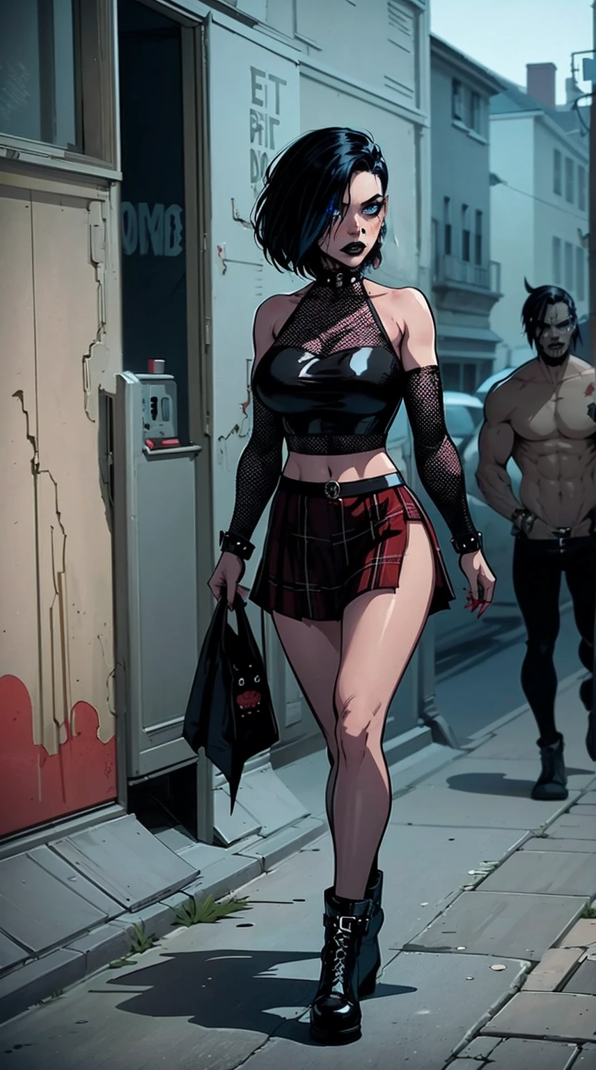 a woman with short black hair, hair on shoulders,  wearing a black cropped  and plaid skirt, blue eyes, zombie art, gothic art, cute aesthetic with vibe, toon aesthetic, wearing red costume, wearing gothic accessories, look like Cassie Hack, whole body, walking on the skrulls